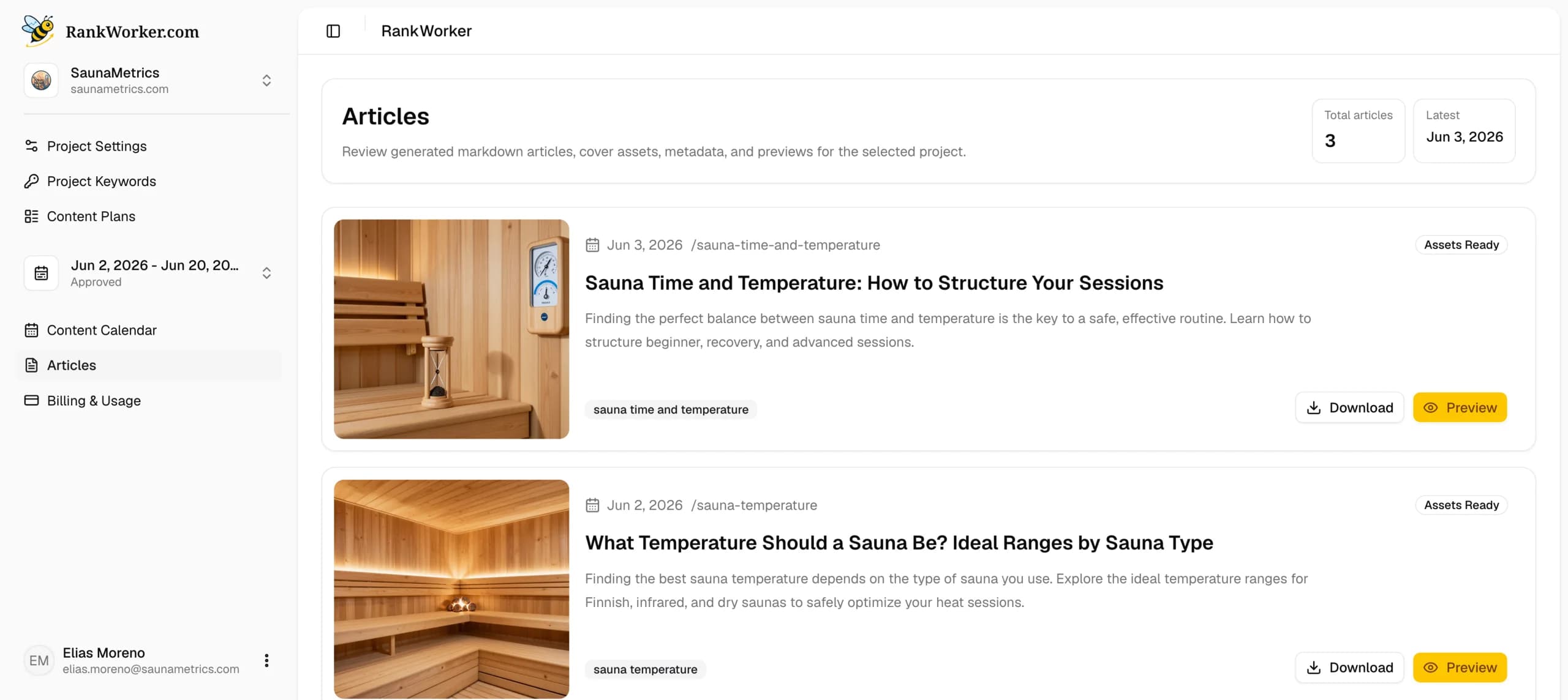 Articles screenshot in RankWorker