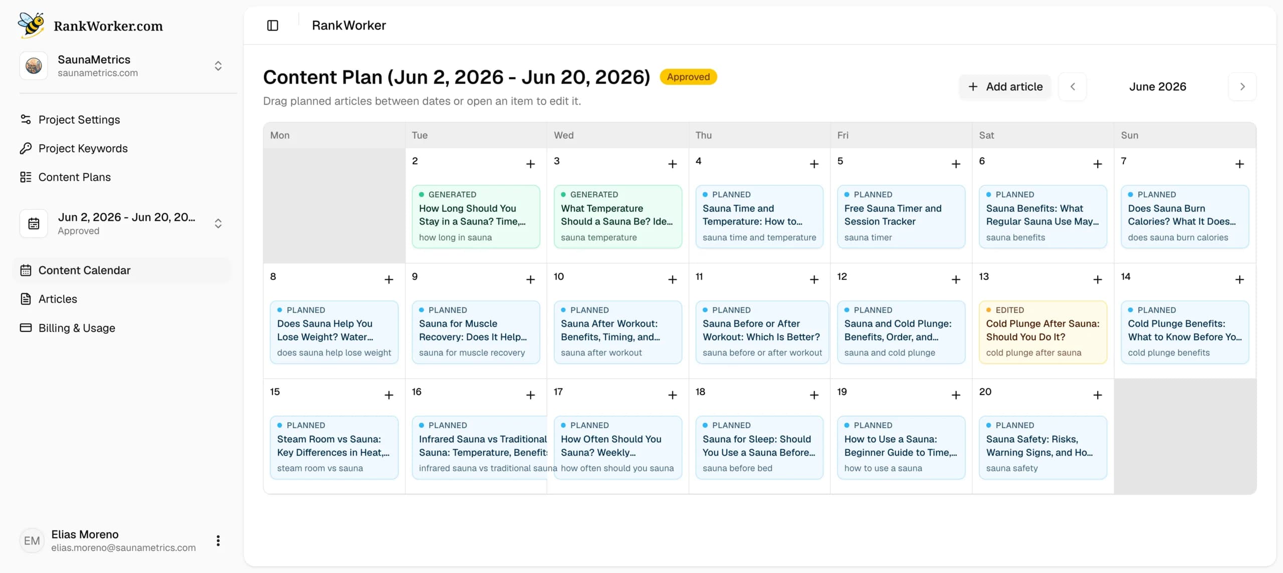 Content calendar screenshot in RankWorker
