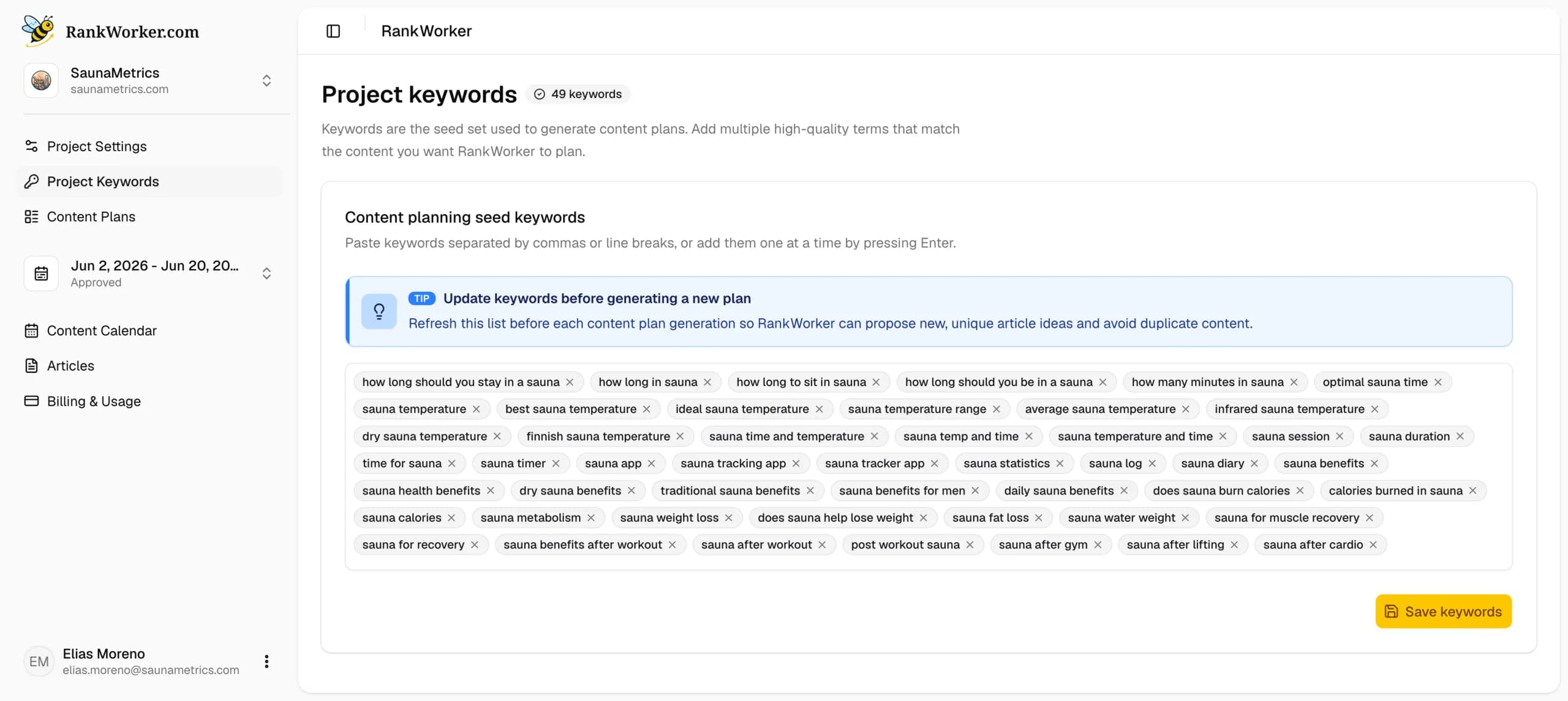 Project keywords screenshot in RankWorker