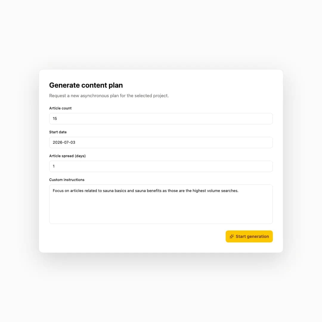 RankWorker content plan generation screen