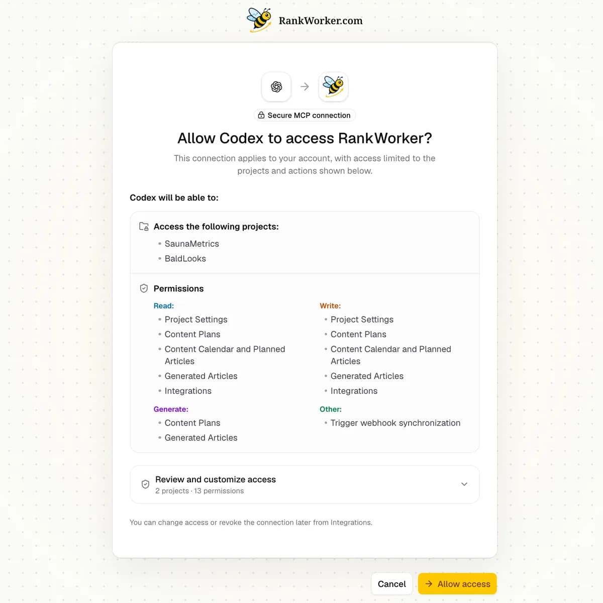 RankWorker authorization screen granting Codex secure access to projects and content workflow permissions