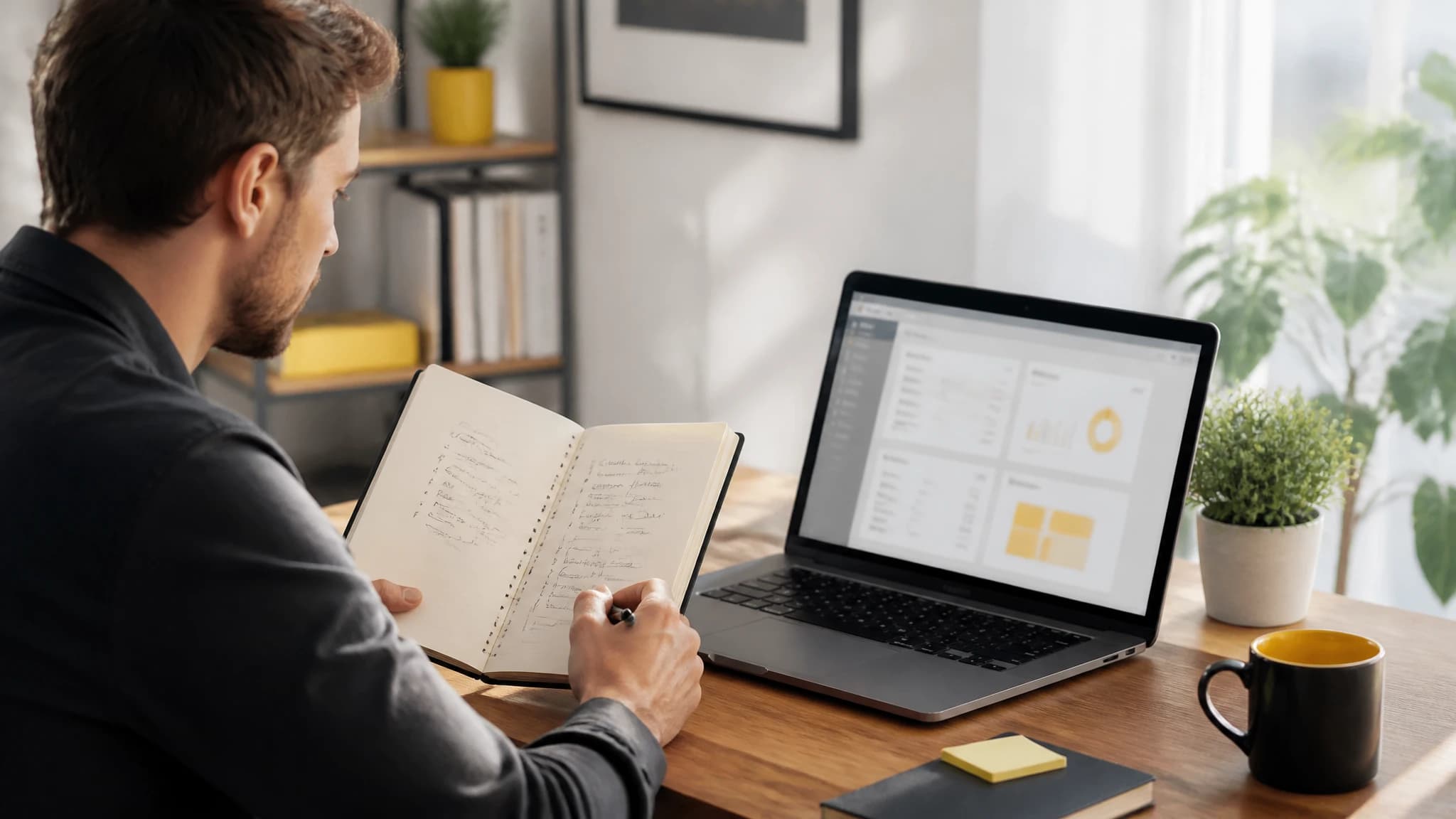 Founder reviewing keyword research notes beside a laptop