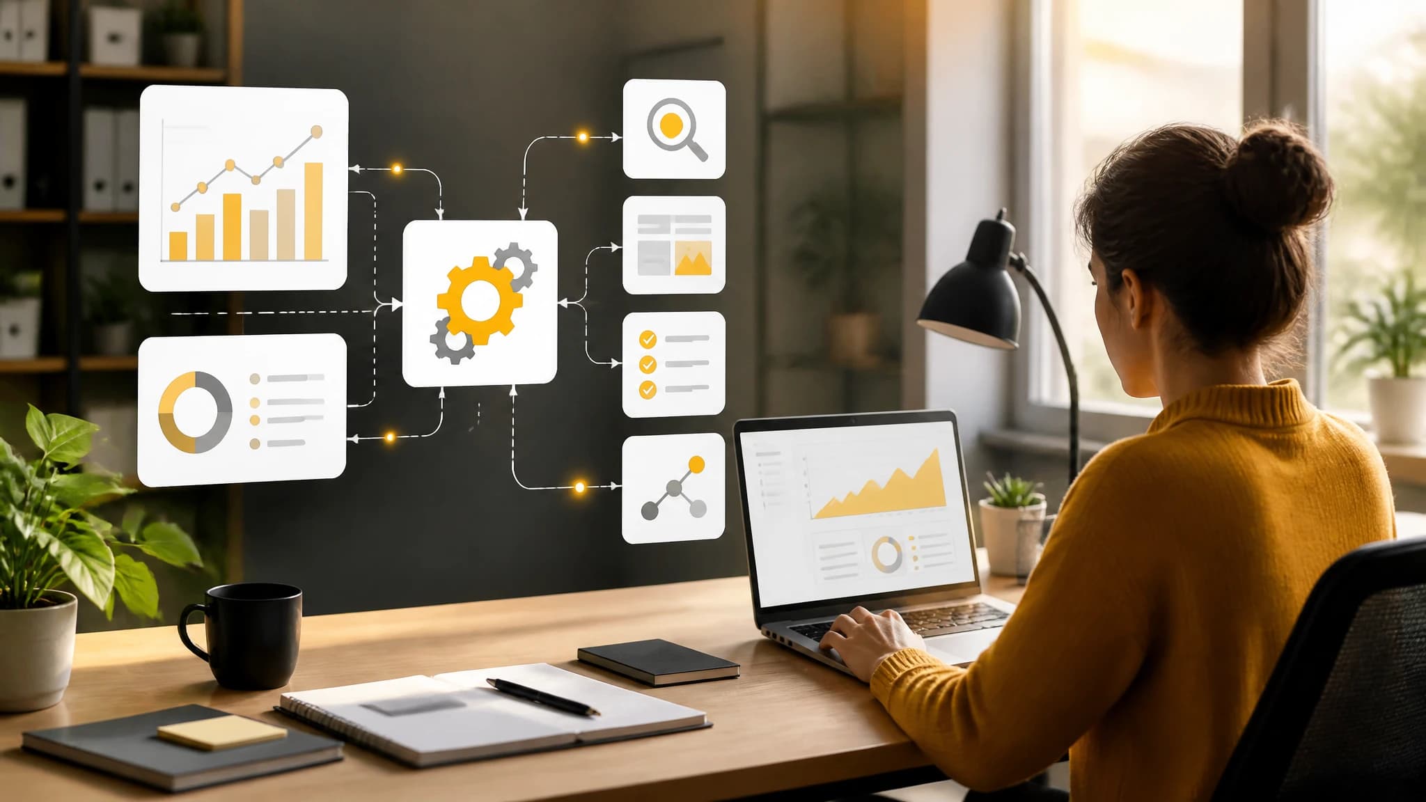 SEO automation workflow connecting keyword research, content planning, and publishing