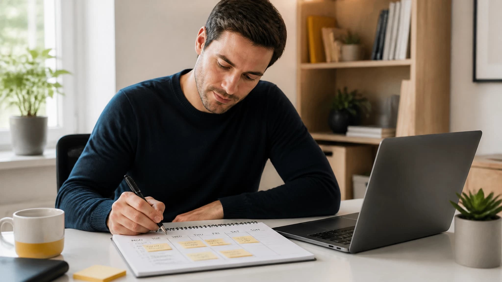 Founder reviewing a weekly work plan at a desk