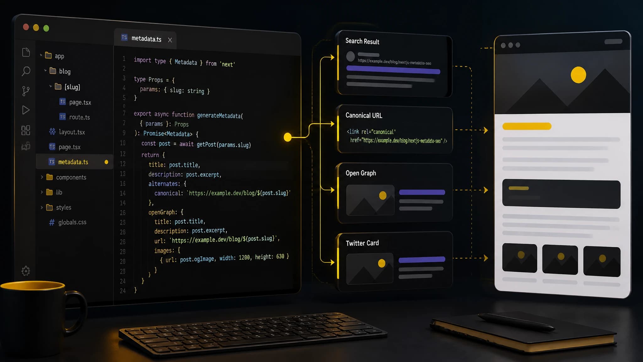 Illustration of dynamic Next.js metadata connecting code to SEO search and social previews