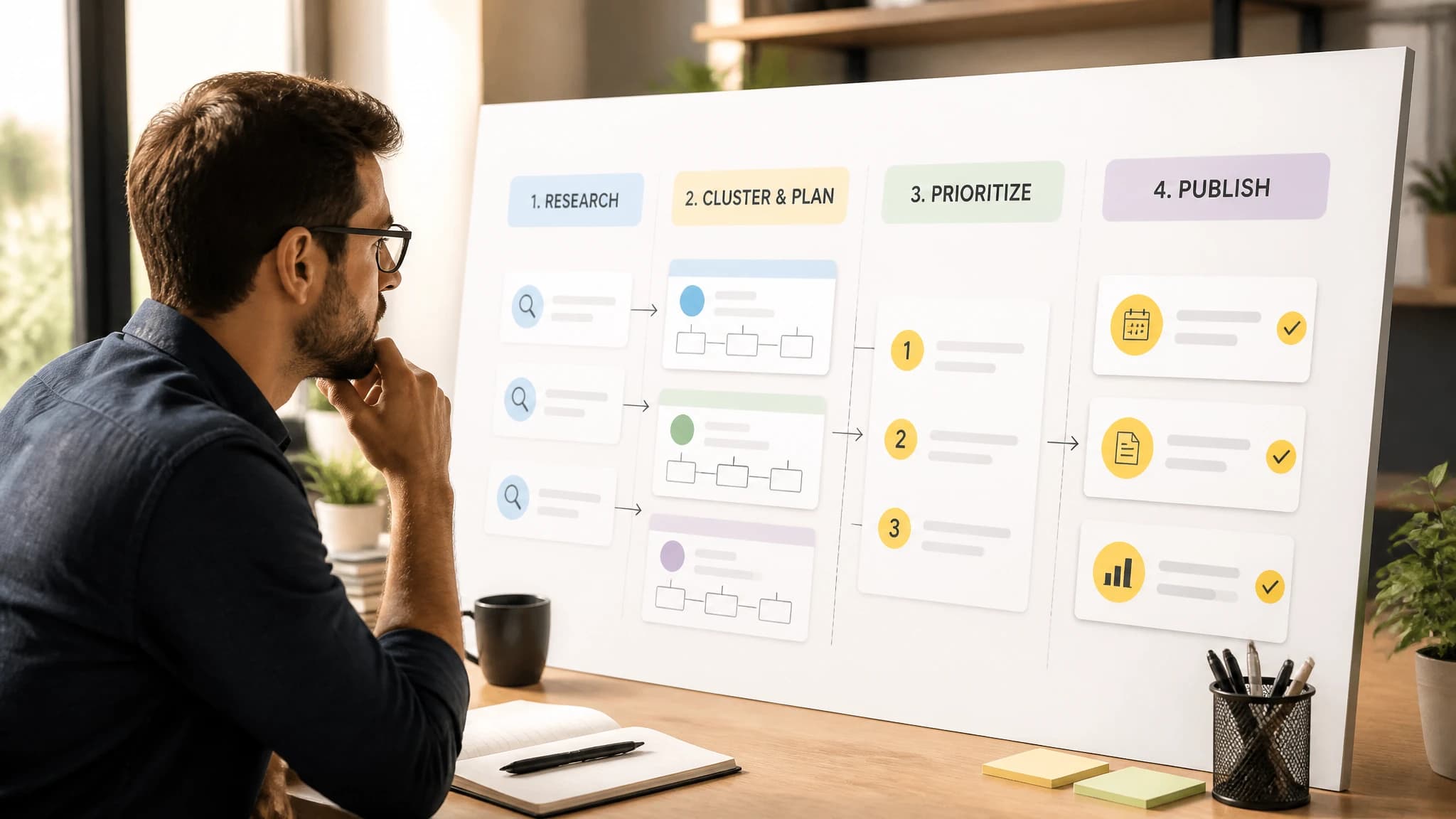 A founder reviewing a structured SEO content roadmap