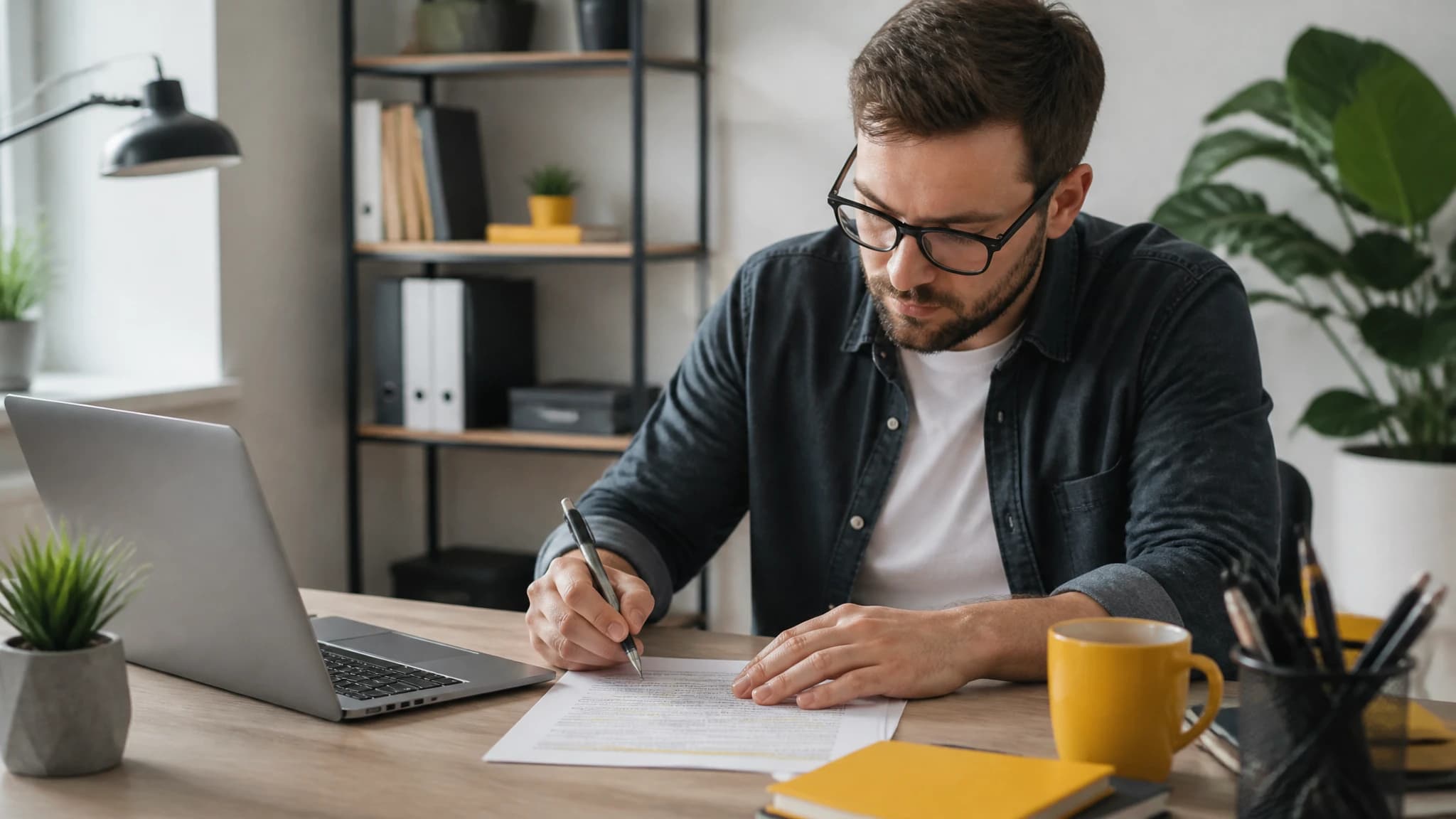 A business owner reviewing an article draft beside a laptop