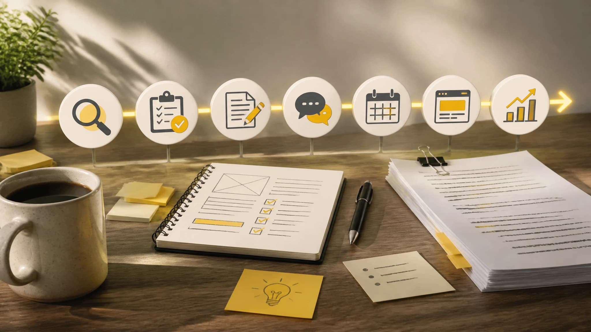 Editorial illustration showing a connected SEO content workflow from topic discovery to publishing