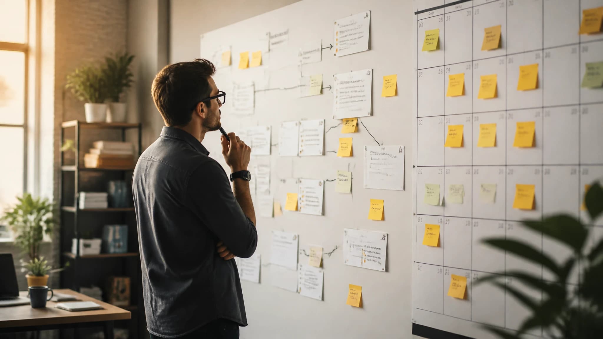 Founder planning an SEO content roadmap with topic clusters and publishing dates
