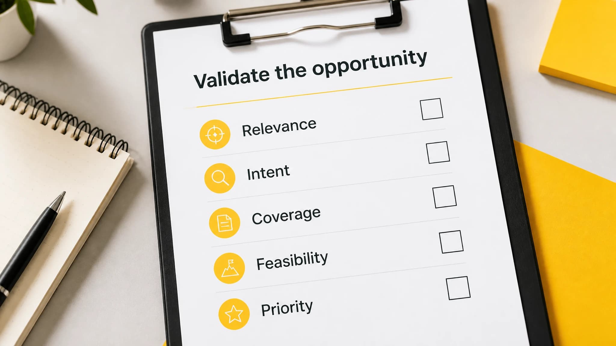 Keyword opportunity scorecard with five human review checks