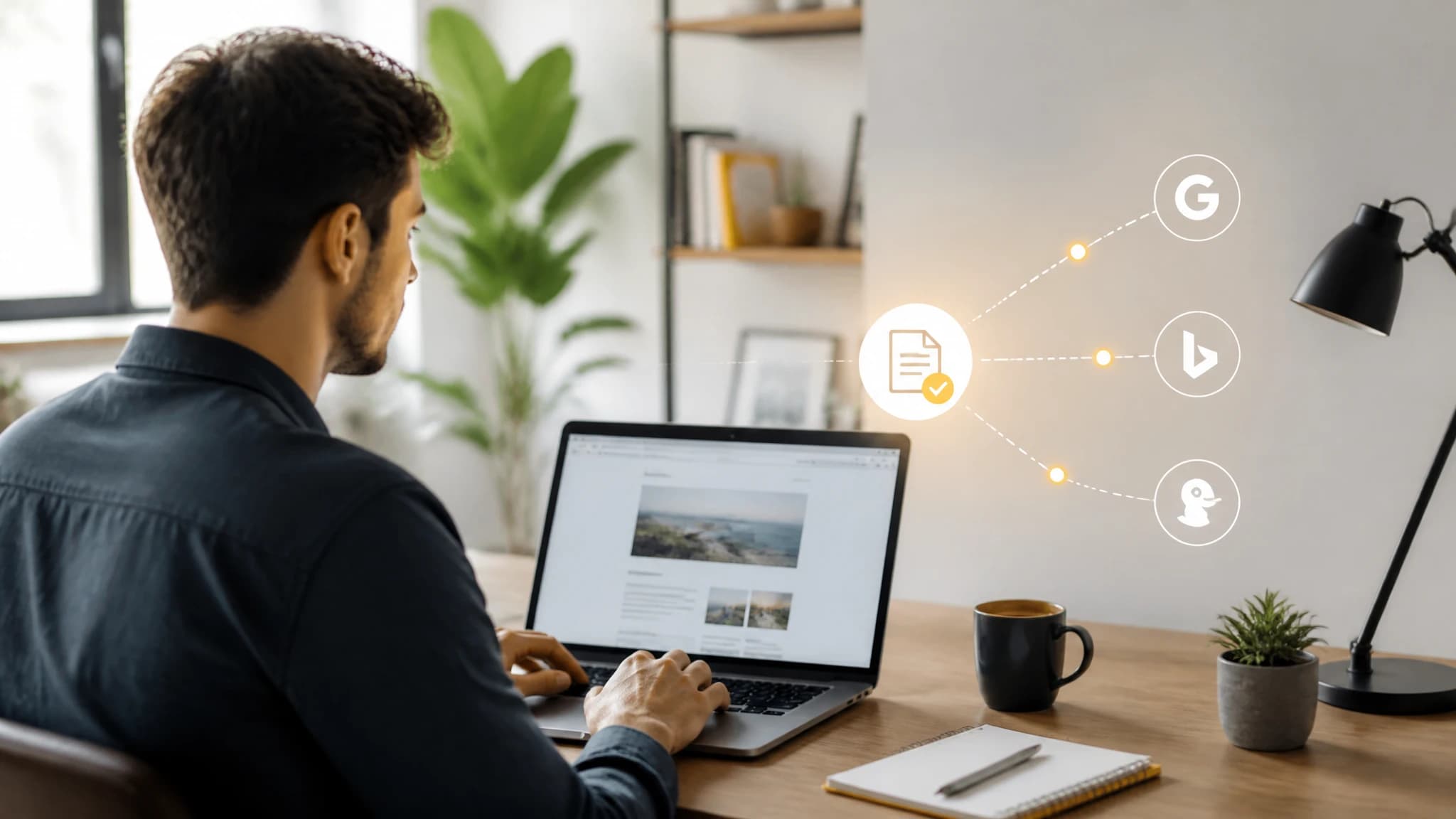 Founder reviewing a published blog post as a search notification is sent