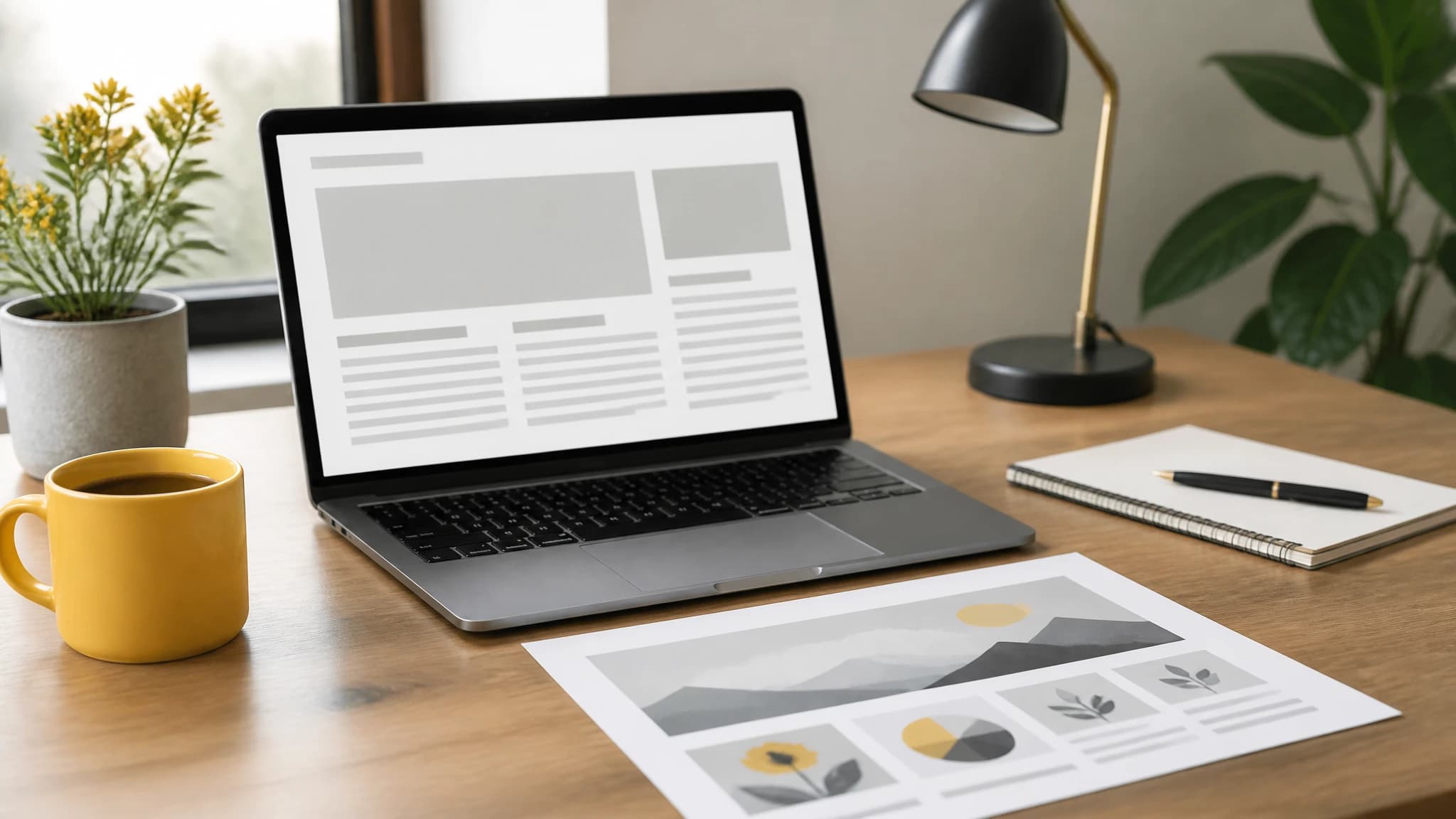 Founder reviewing a visual brief beside a laptop in a bright workspace