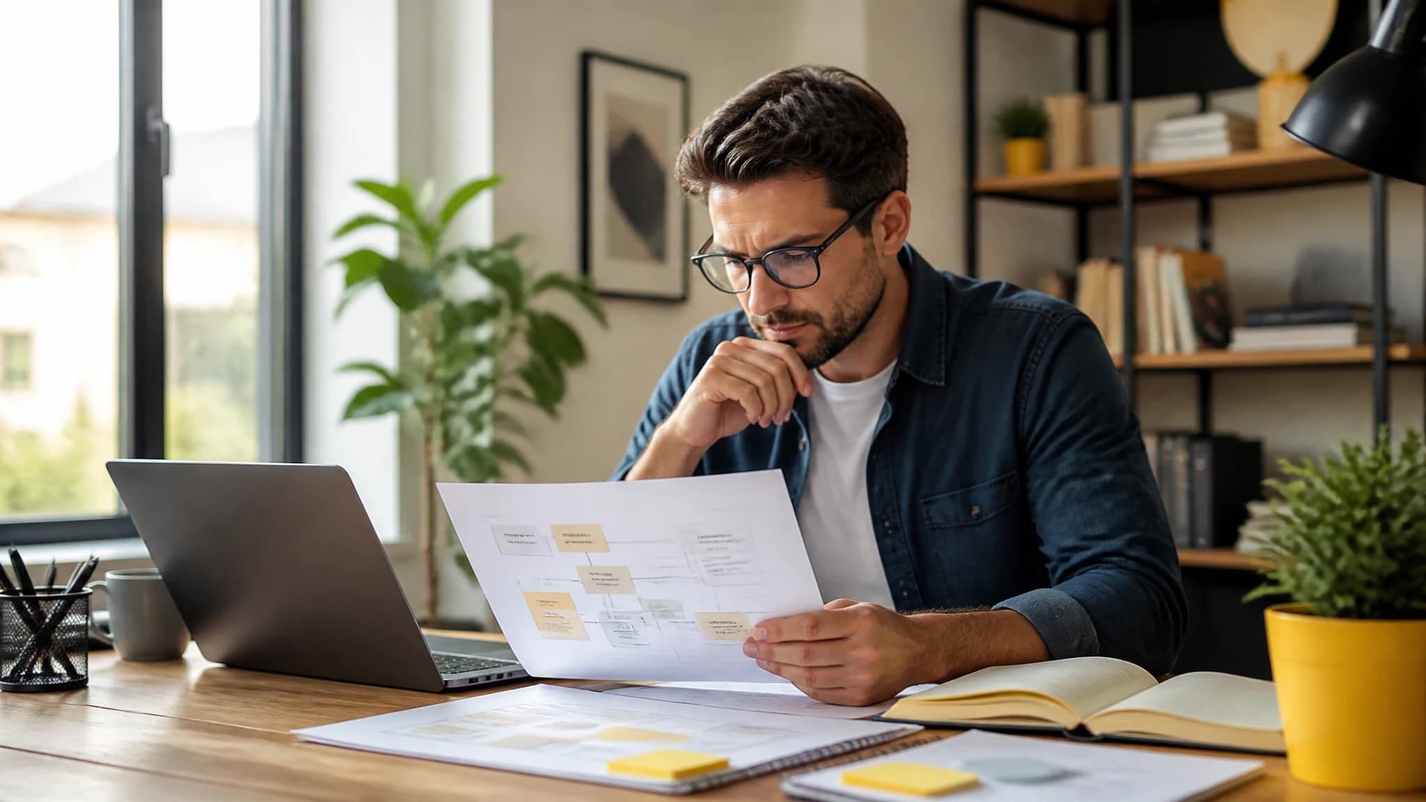 Founder reviewing an SEO content plan at a desk