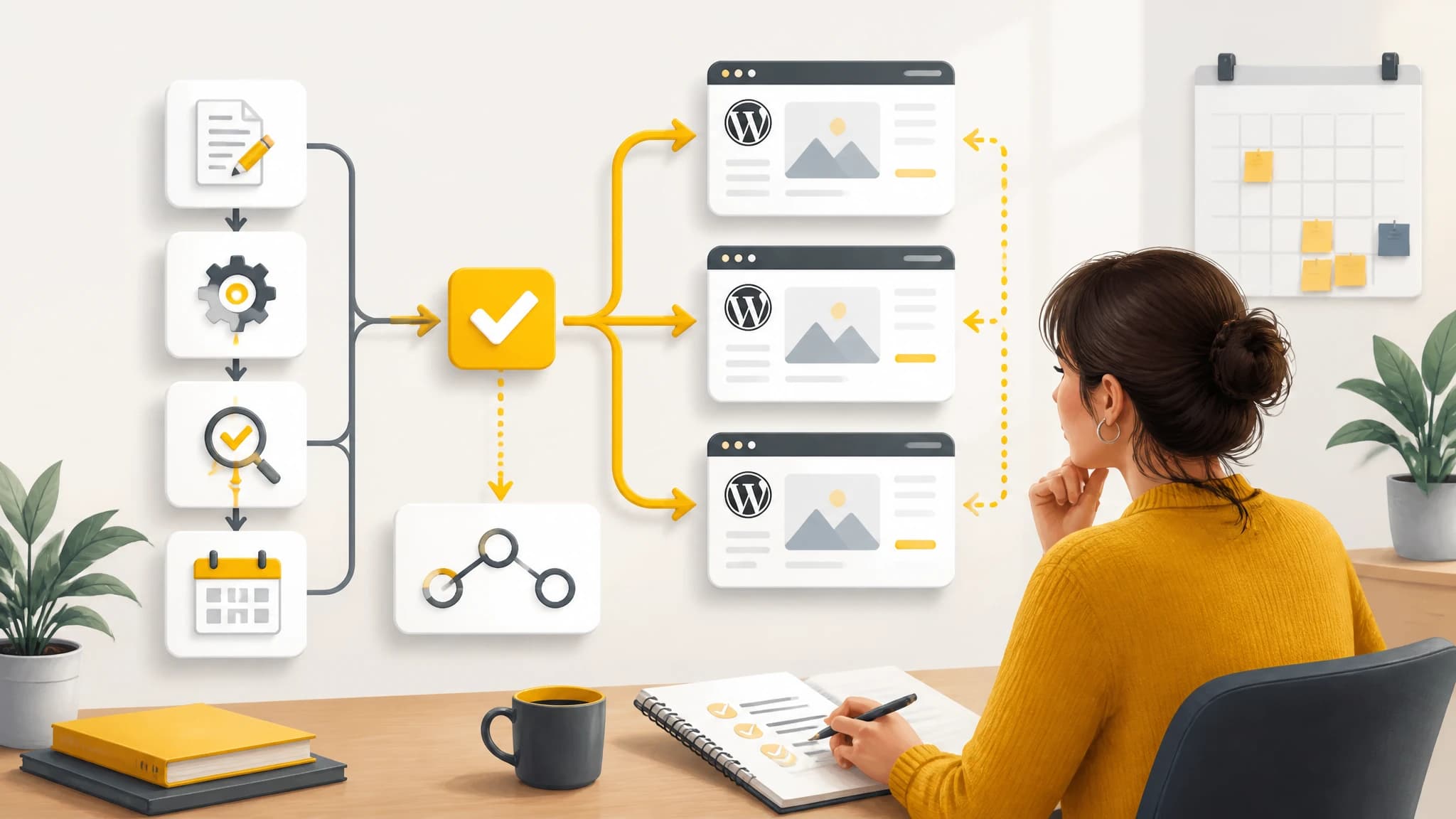 Editorial illustration of a controlled WordPress SEO automation workflow