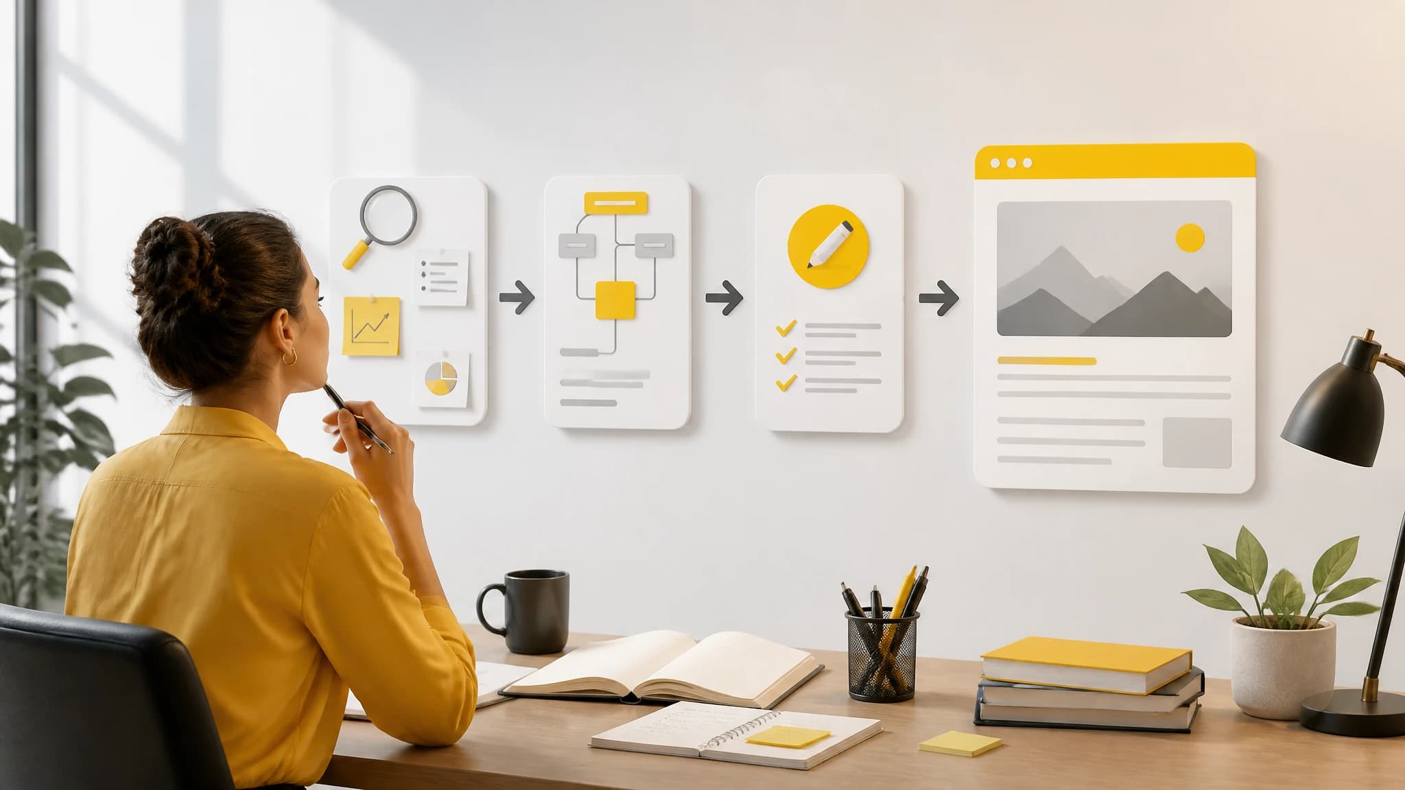Editorial illustration of a person overseeing a connected SEO content workflow