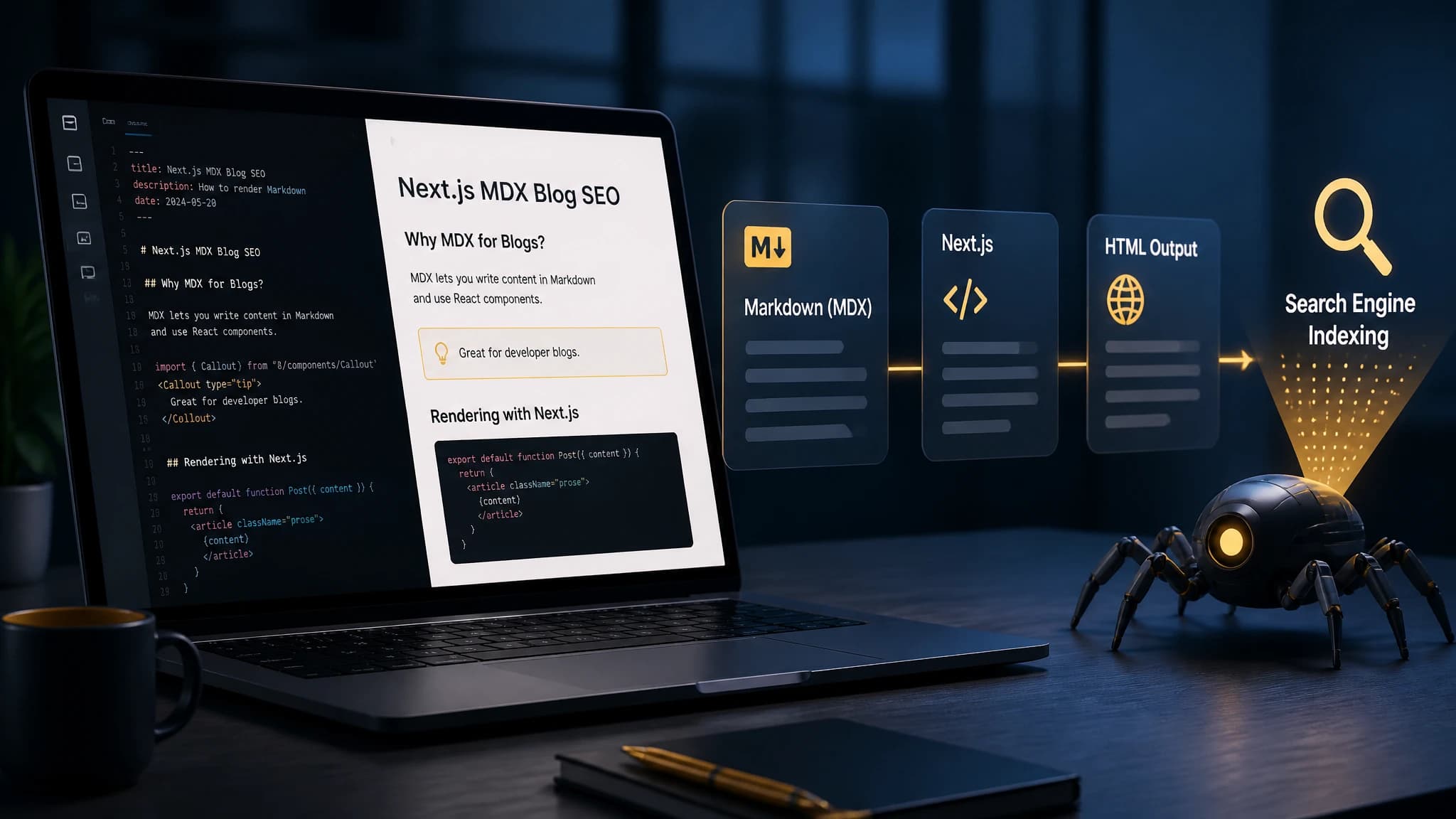 Developer workflow showing Markdown rendered into a Next.js blog page