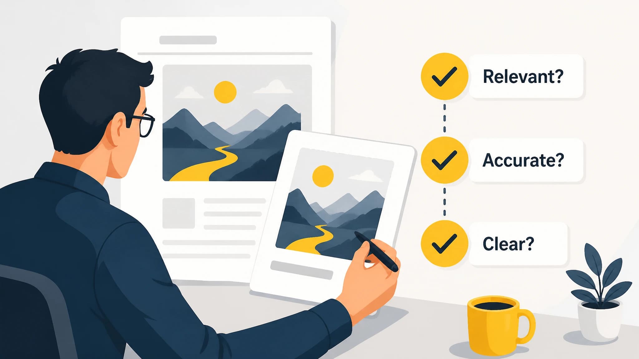 Illustration of an editor checking a blog image for relevance, accuracy, and clarity