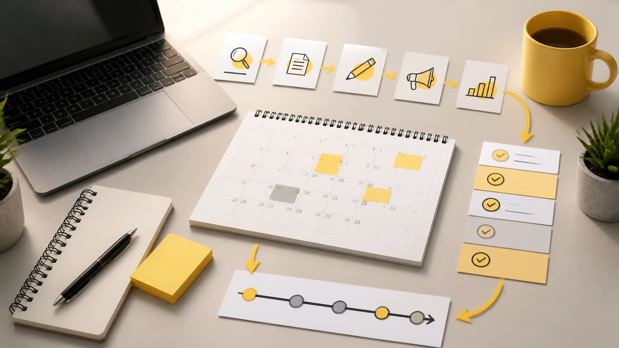 Editorial illustration of an SEO content calendar workflow