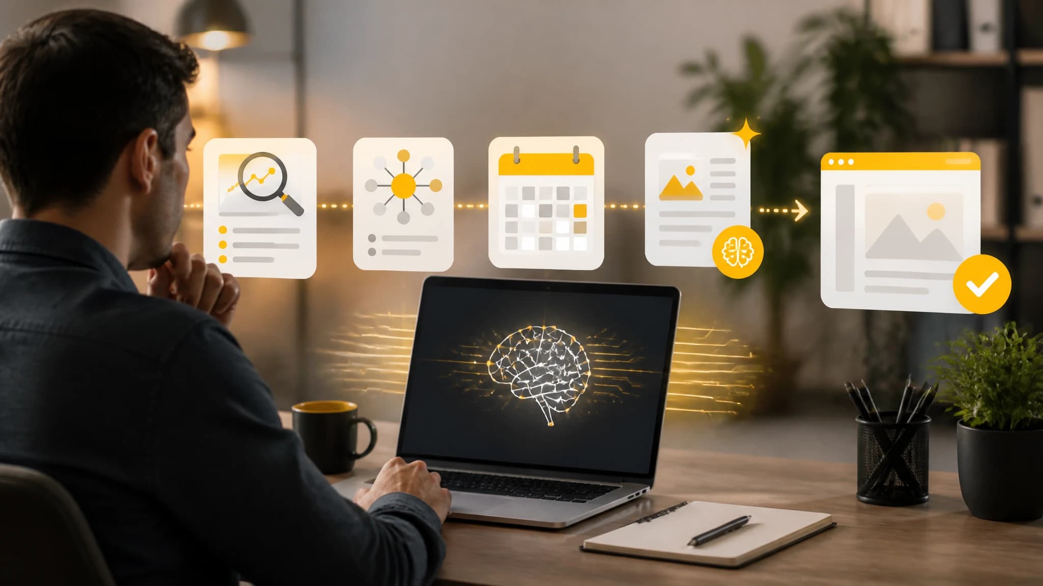 Business owner reviewing an AI SEO content workflow