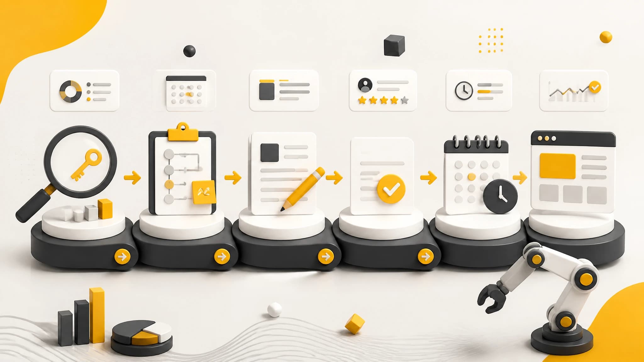 Automated SEO content workflow connecting keyword research, content planning, review, and publication