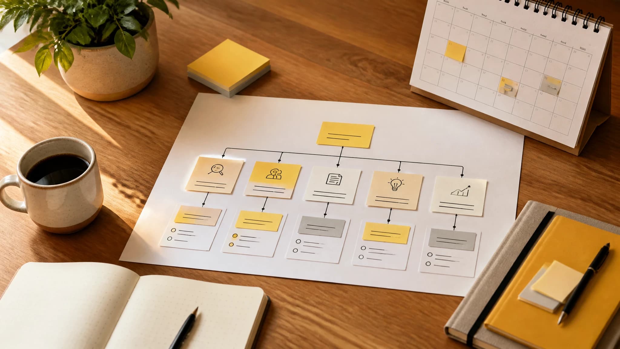 A content planning worksheet connecting blog topics to audience needs and a monthly calendar