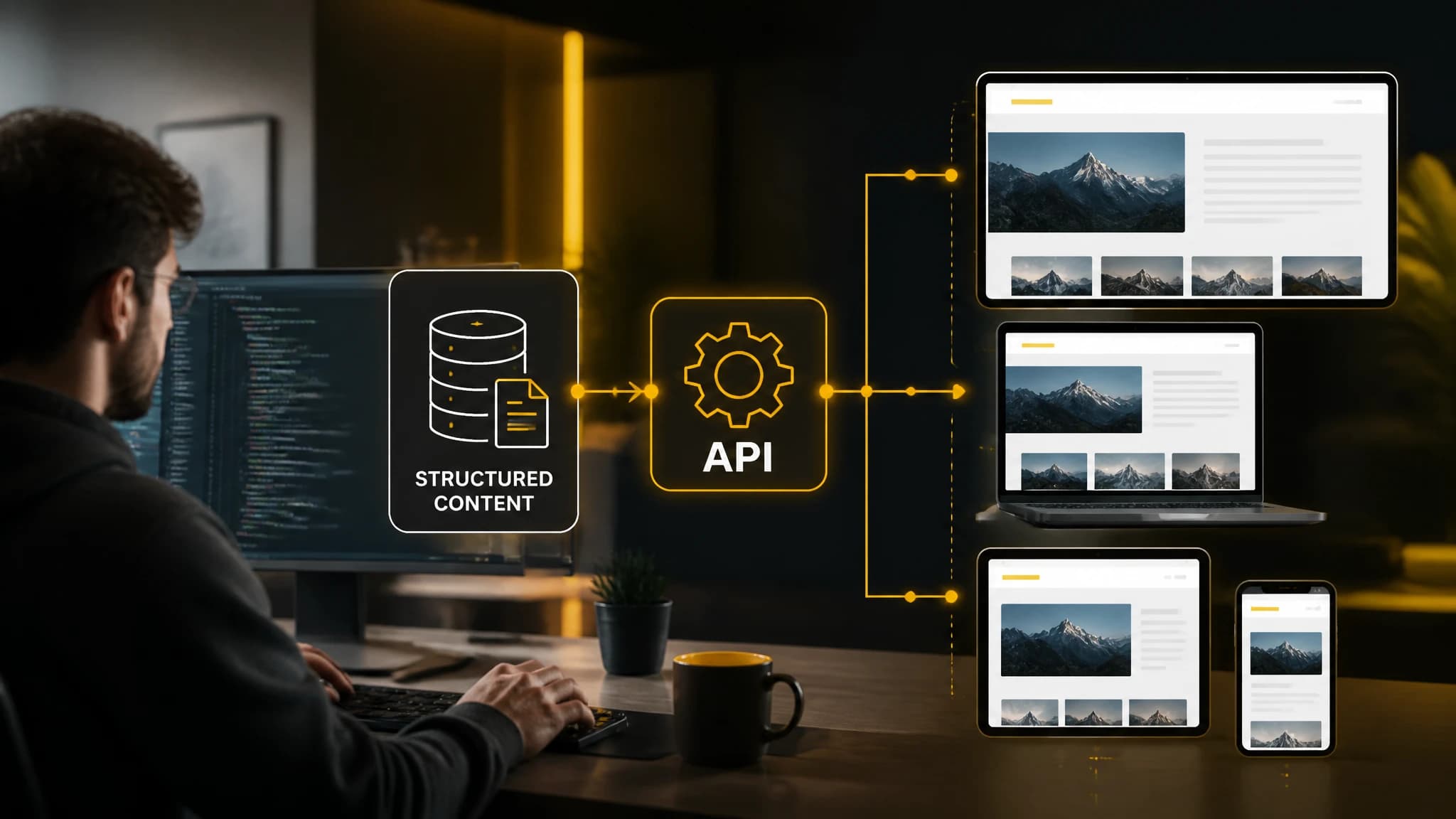 Diagram-inspired editorial scene showing a headless CMS API connecting structured content to multiple website interfaces