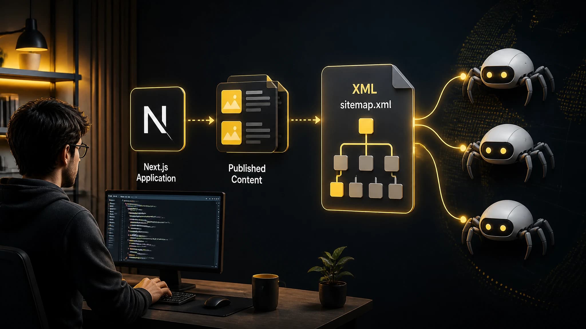 Conceptual illustration of a Next.js content workflow generating an automated XML sitemap
