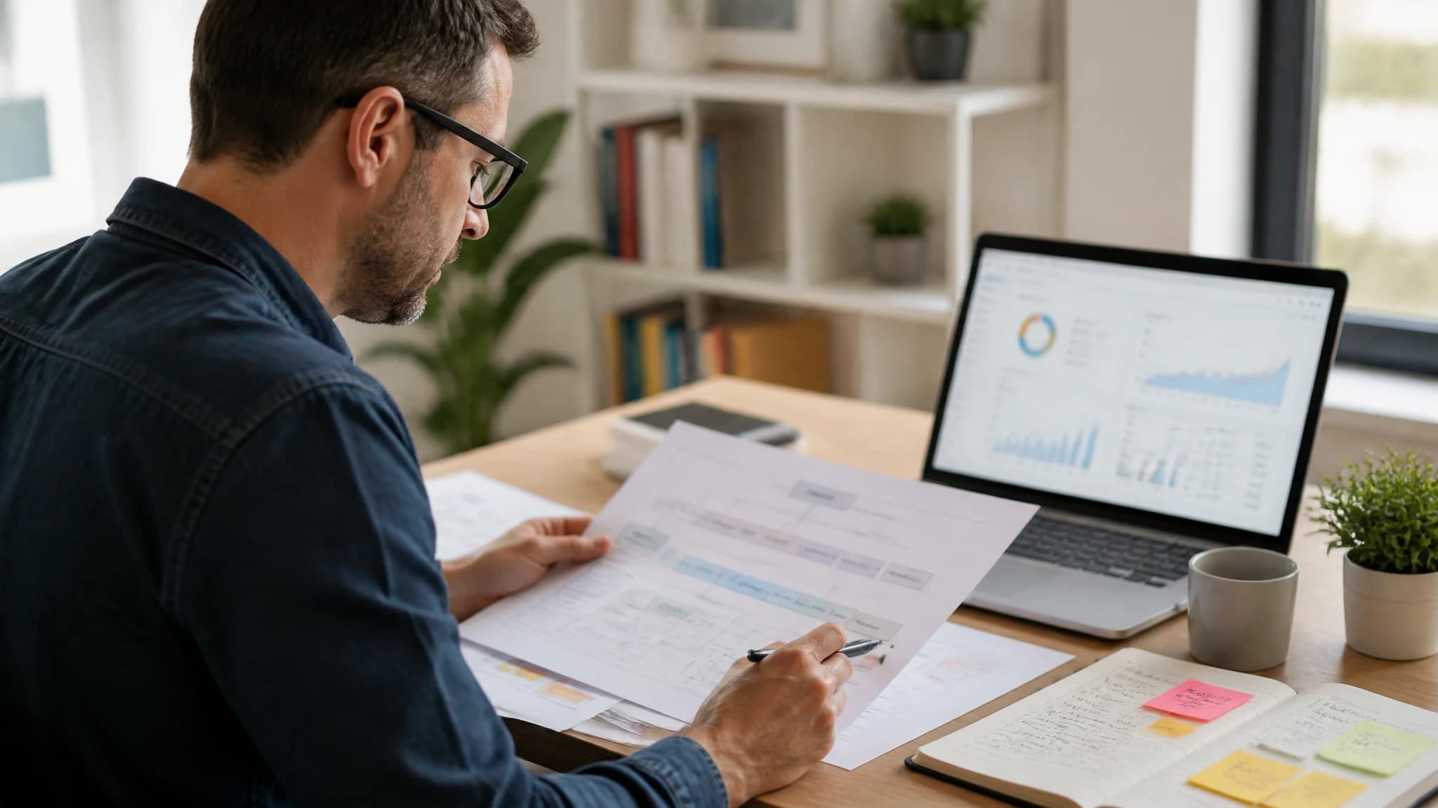 A content planner reviews website pages and topic notes at a desk.
