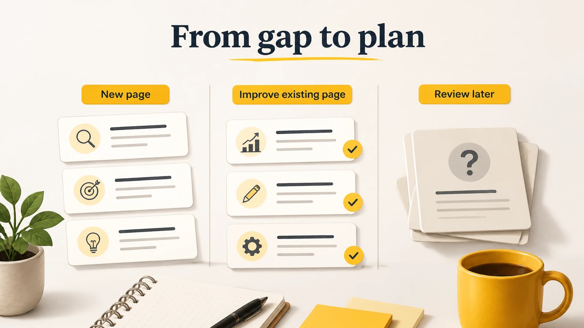 A validated topic shortlist organized into new pages, existing-page improvements, and ideas to review later