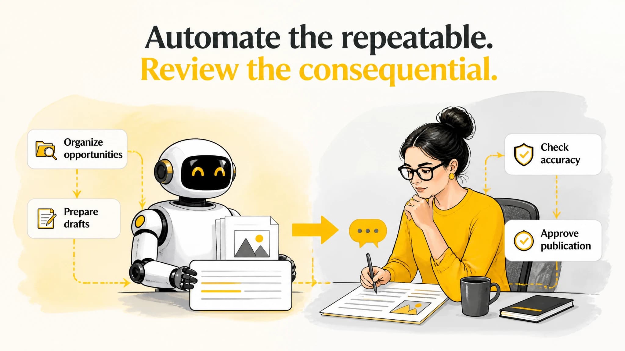 Illustration showing automation for repeatable tasks and human review for important decisions