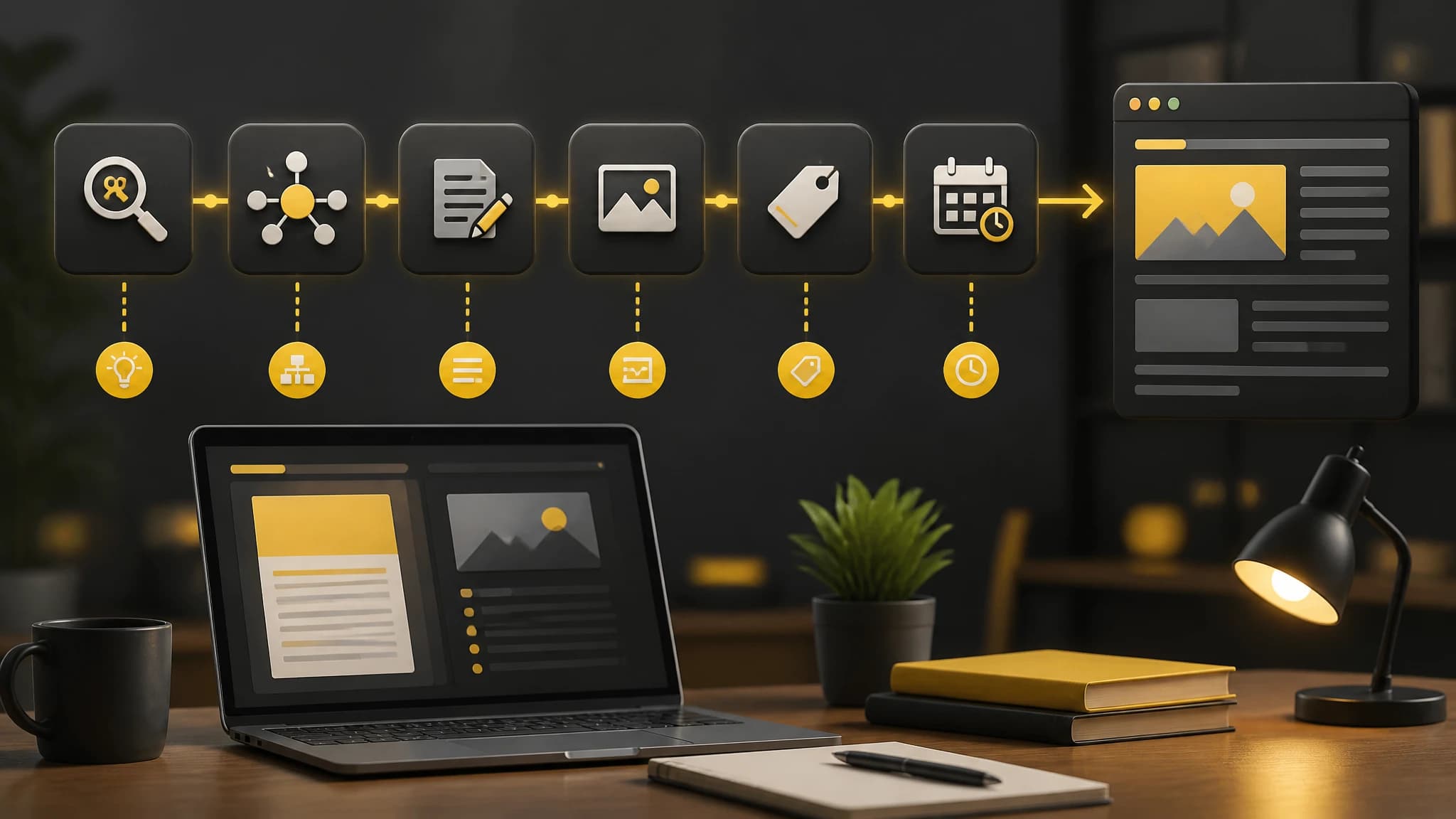Editorial illustration showing an automated SEO content publishing workflow