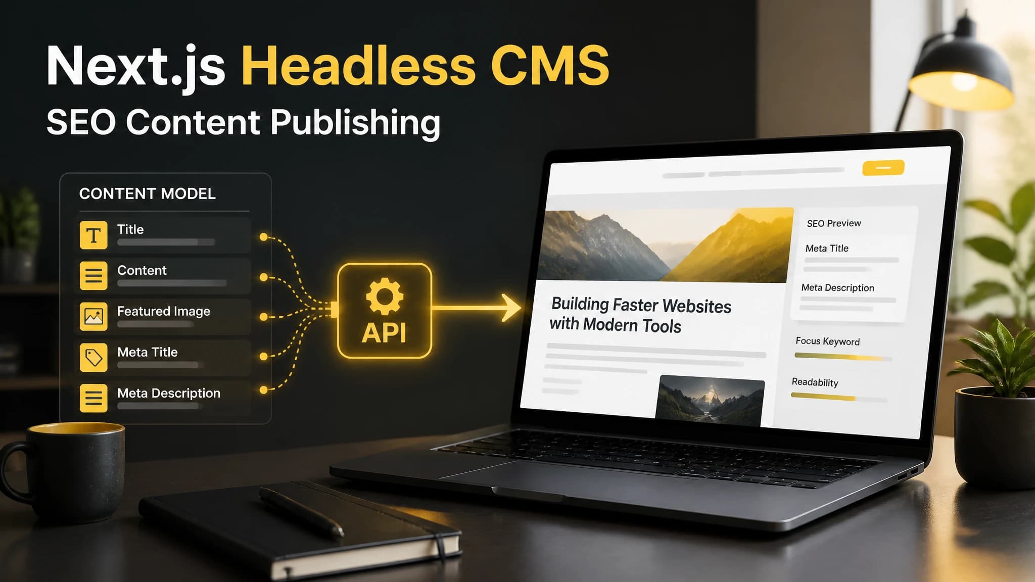 Diagram-style editorial illustration showing content flowing from a headless CMS through an API to a Next.js website