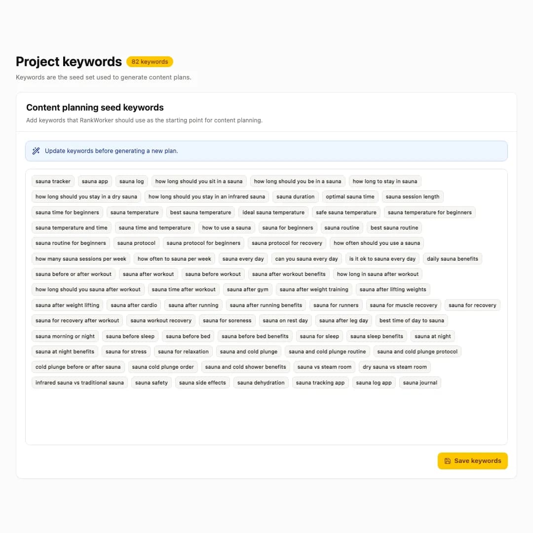 RankWorker project keywords screen with SEO planning keywords
