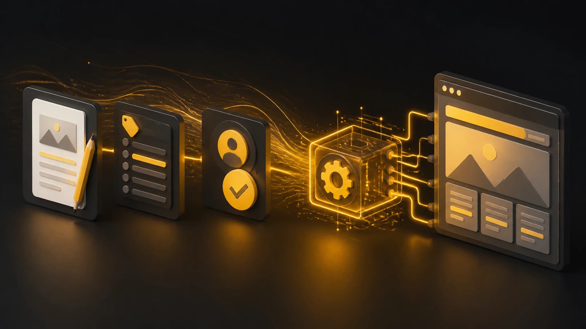 Editorial illustration of an API connecting structured content to a website publishing workflow