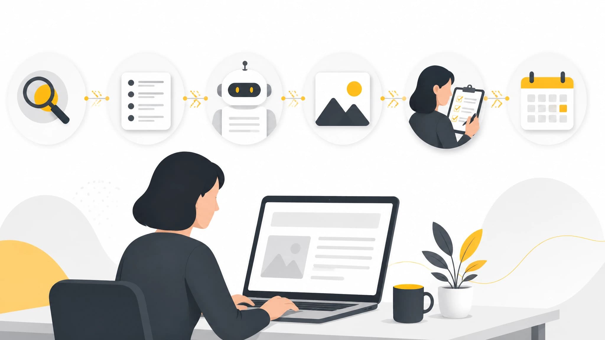 Visual workflow connecting content planning, AI generation, review, and publishing