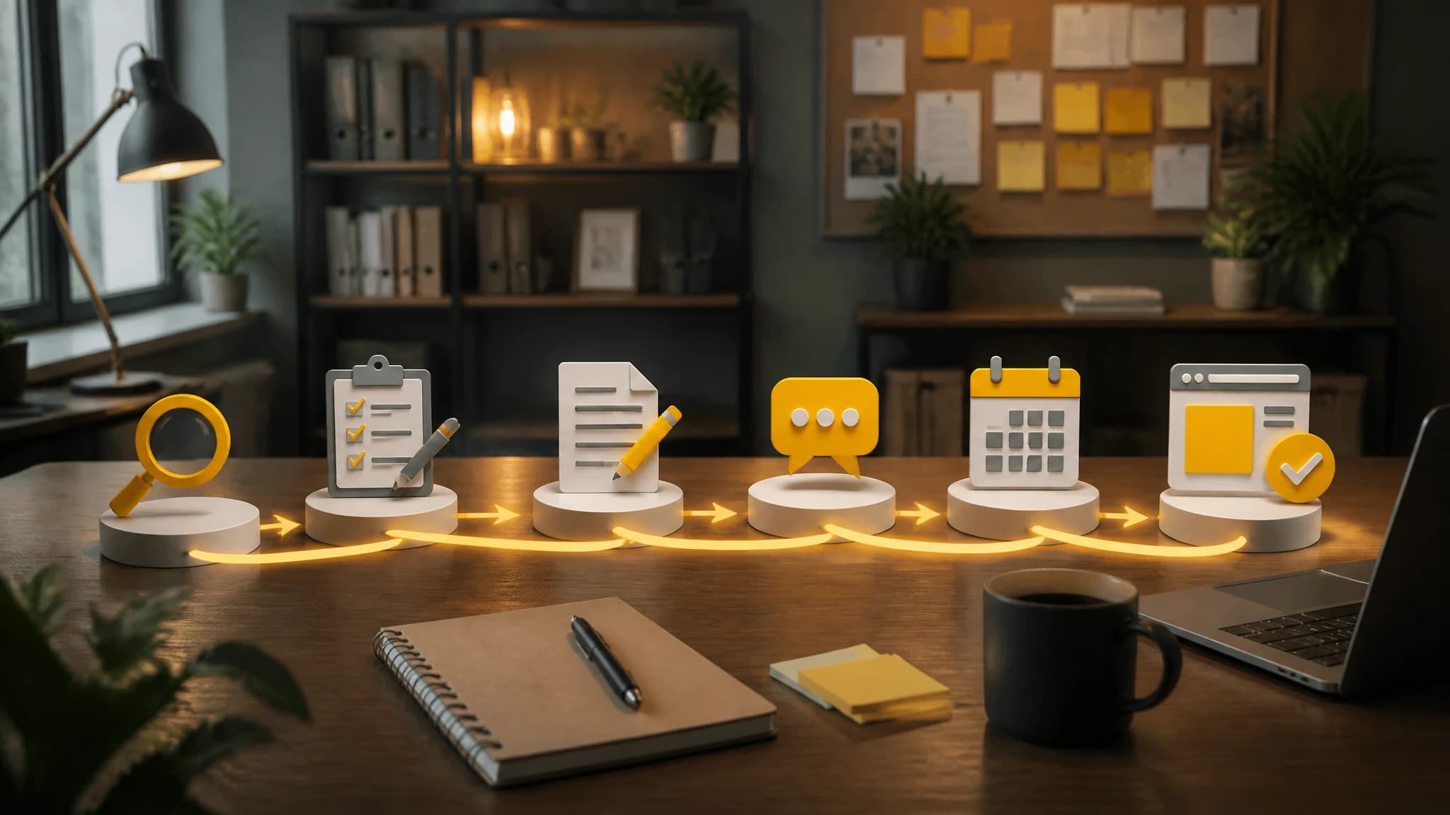 Editorial illustration of an SEO content production workflow from keyword research to publication