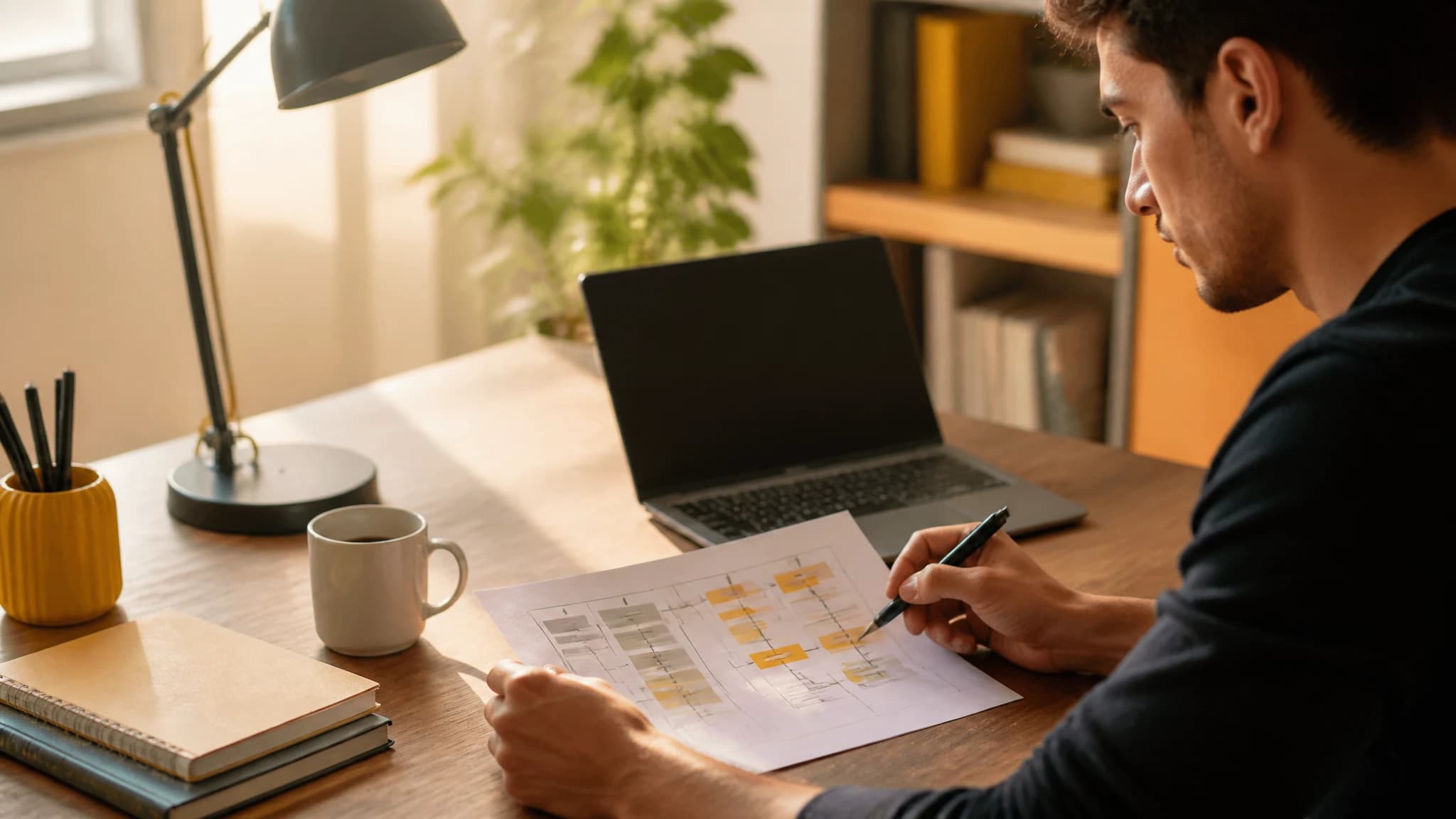 Editor planning a manageable SEO content pipeline at a desk