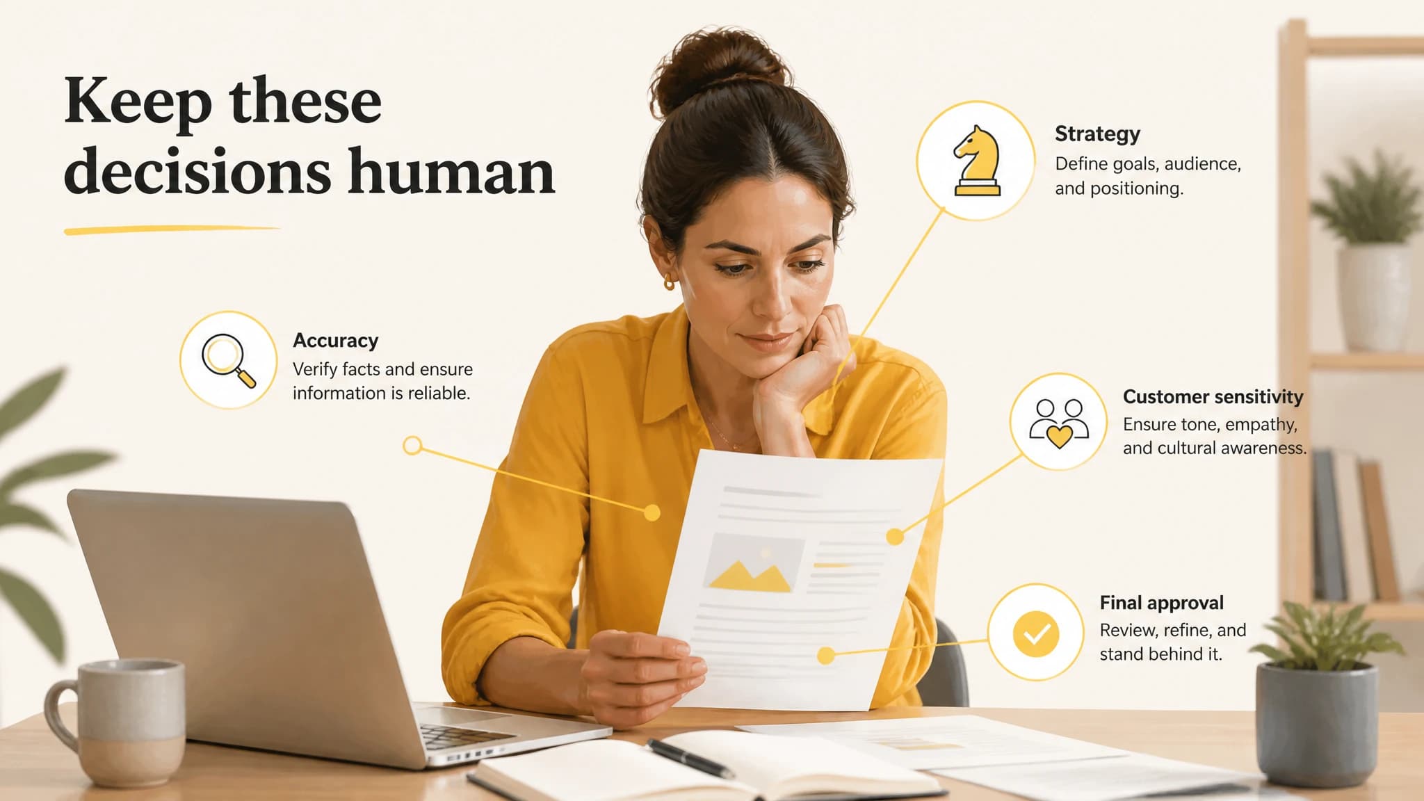 Small business owner reviewing strategy, accuracy, customer sensitivity, and final approval
