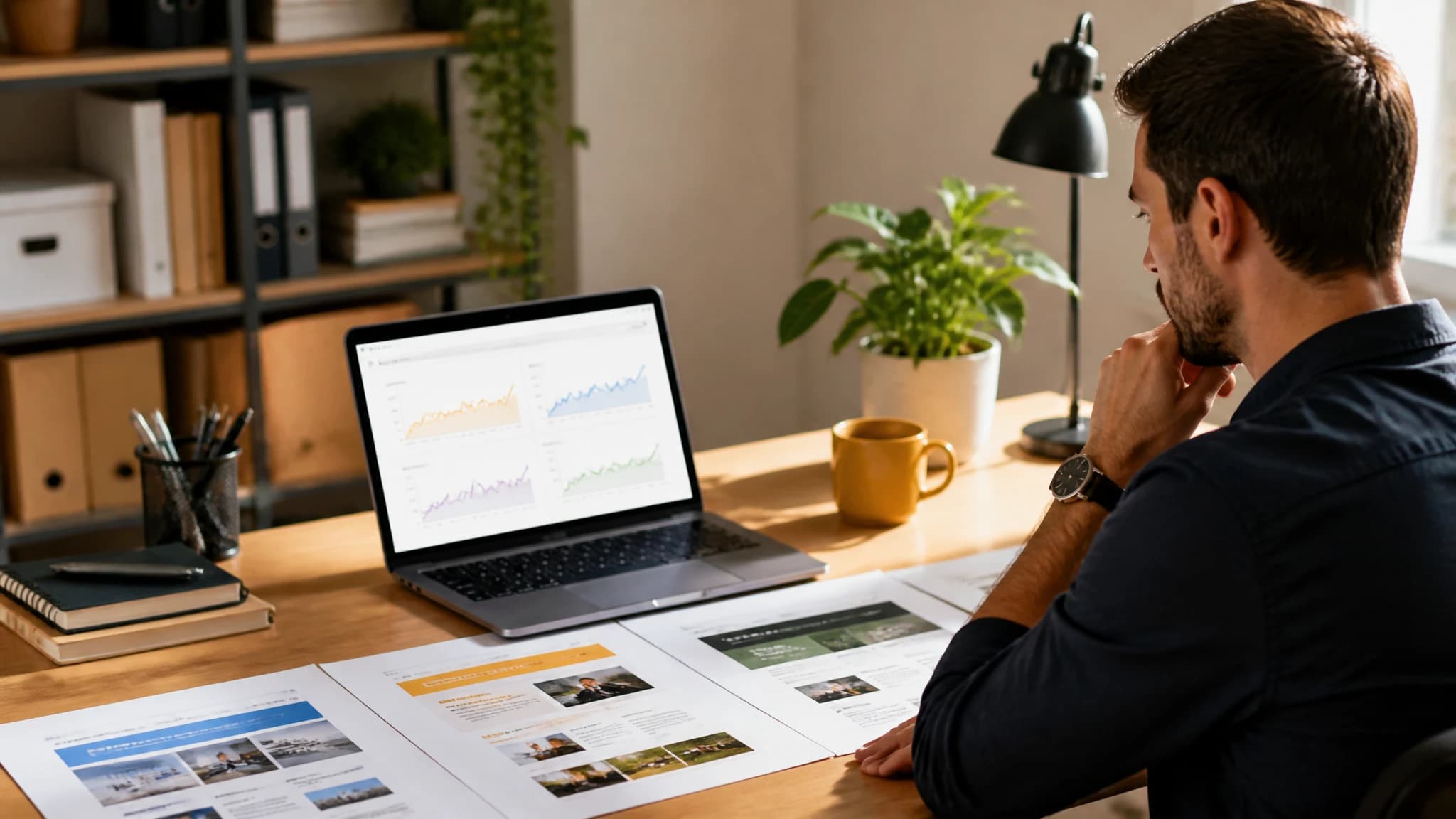 A strategist reviewing plans for several separate websites