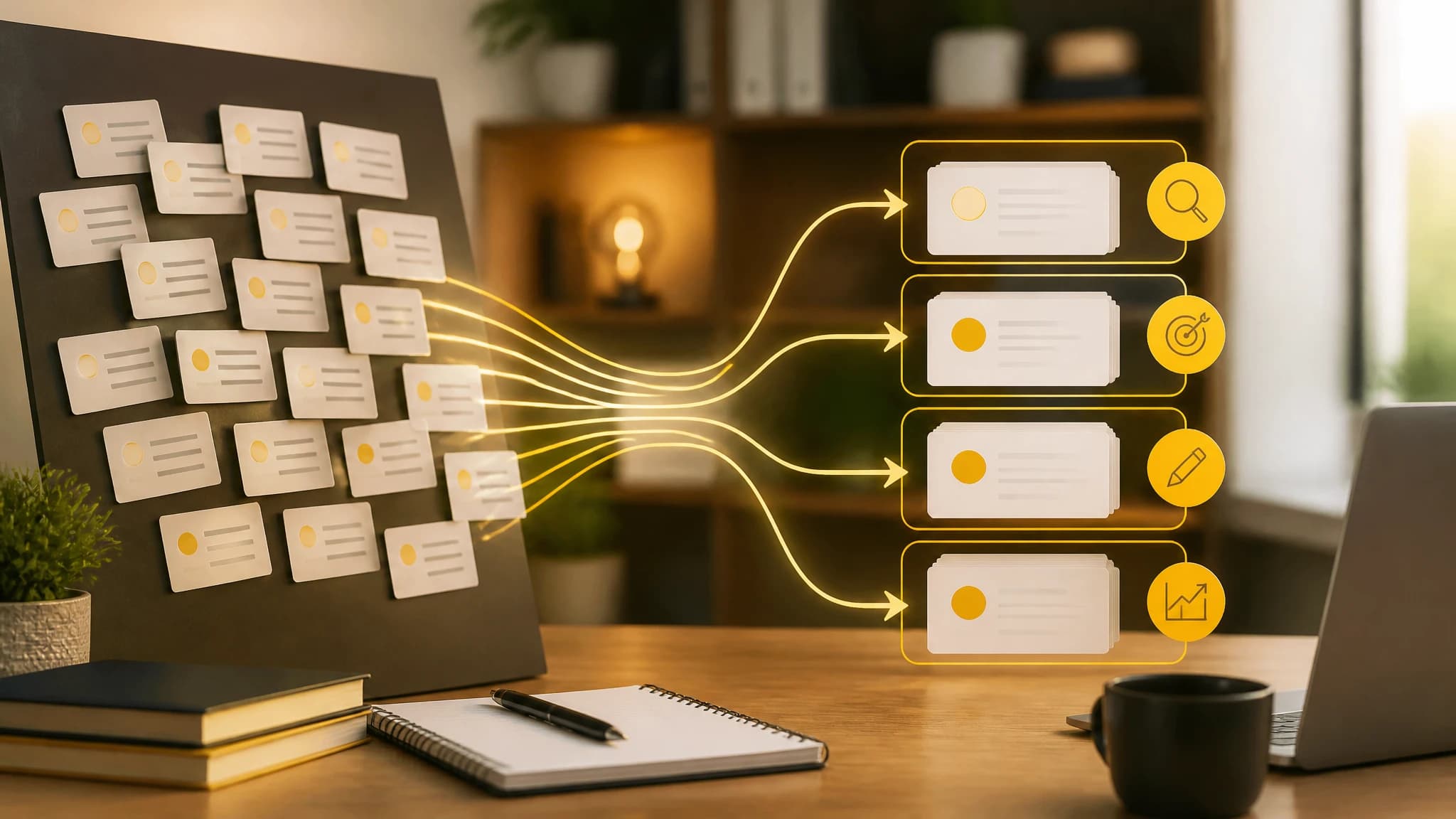 Keyword cards organized into content topic clusters for SEO planning