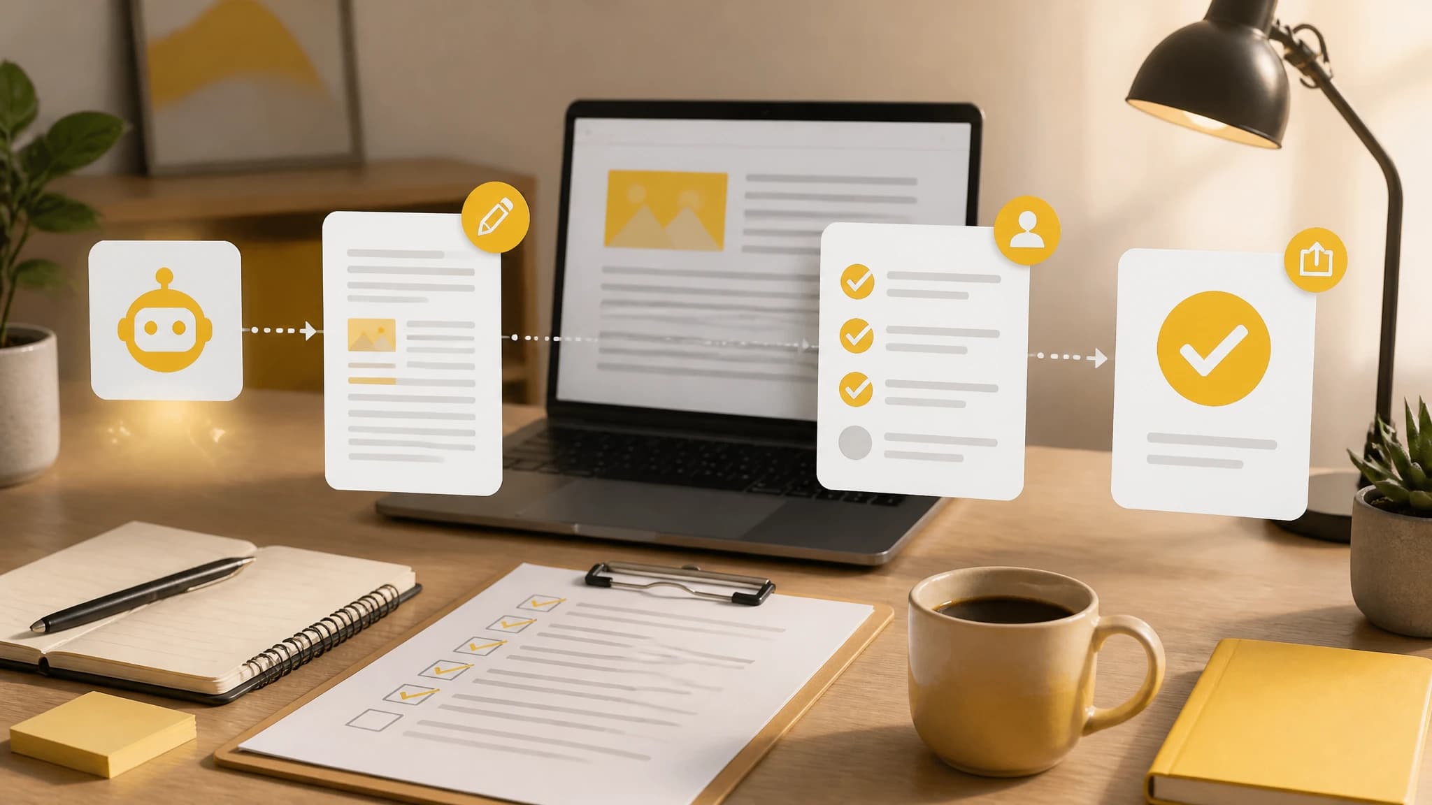 Editorial illustration of a human reviewing an AI-assisted SEO article before publication
