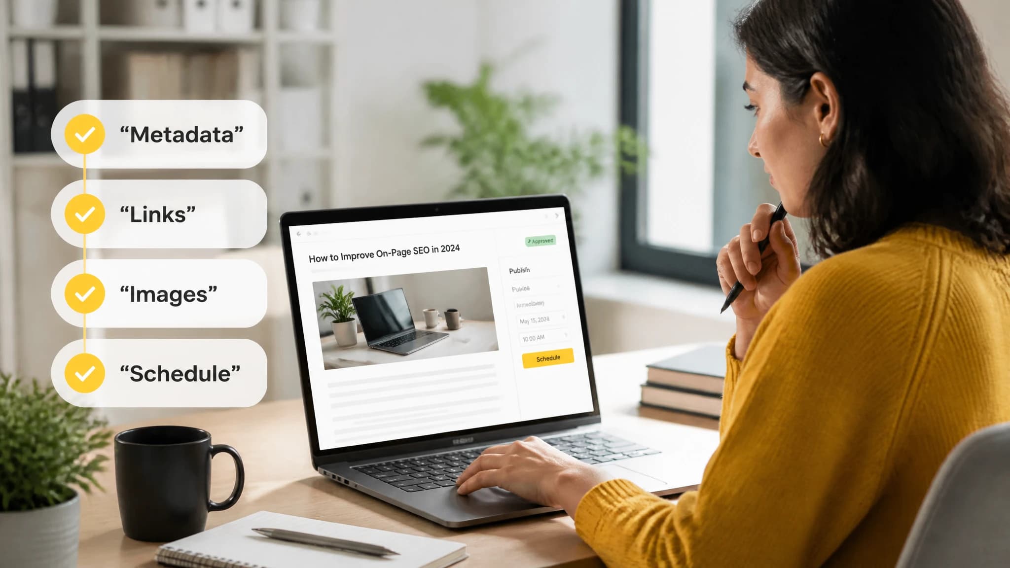 Content manager checking metadata links images and schedule before publication