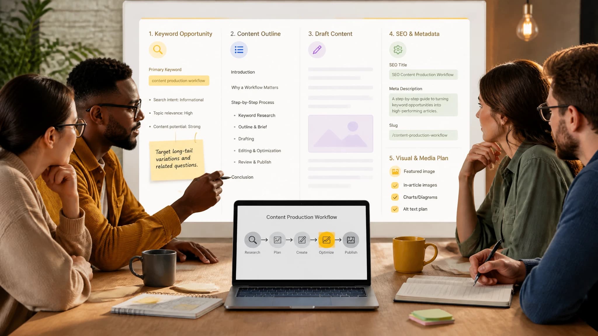 Illustration of a team using a structured SEO content brief to create an article