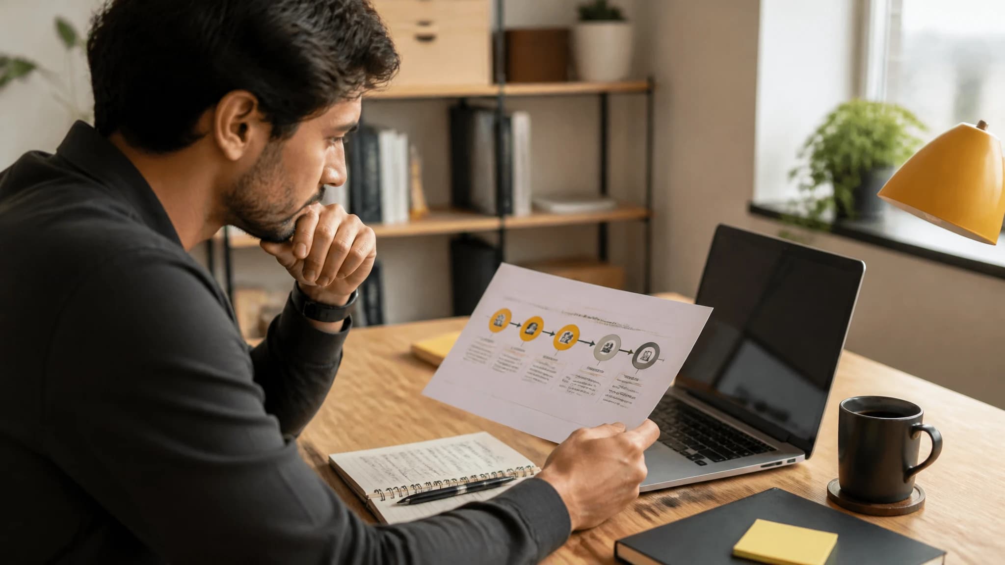 Founder reviewing a content marketing workflow at a desk