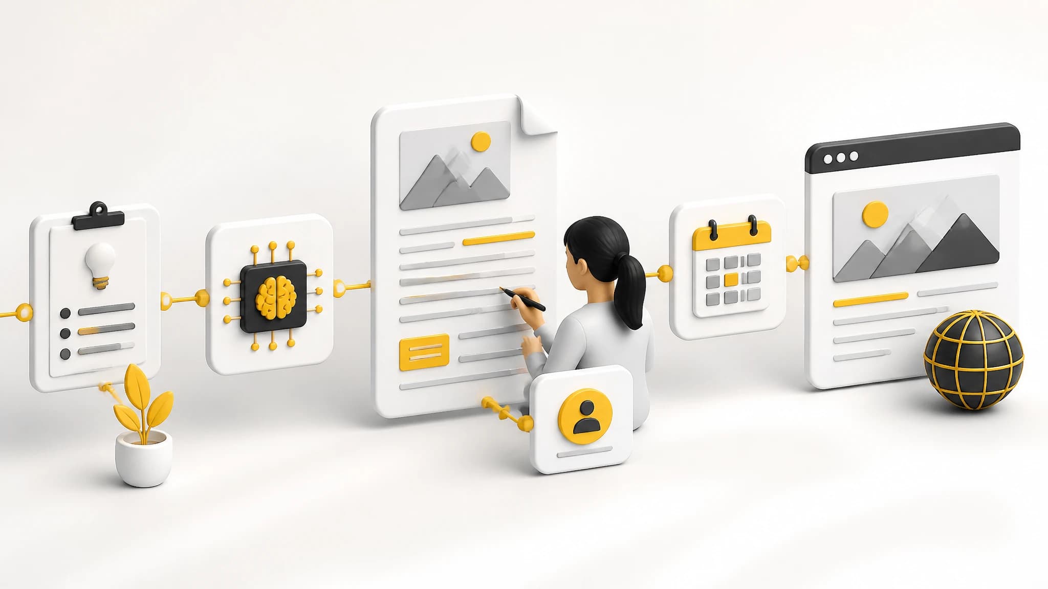 SEO content moving from planning through review and automated publishing