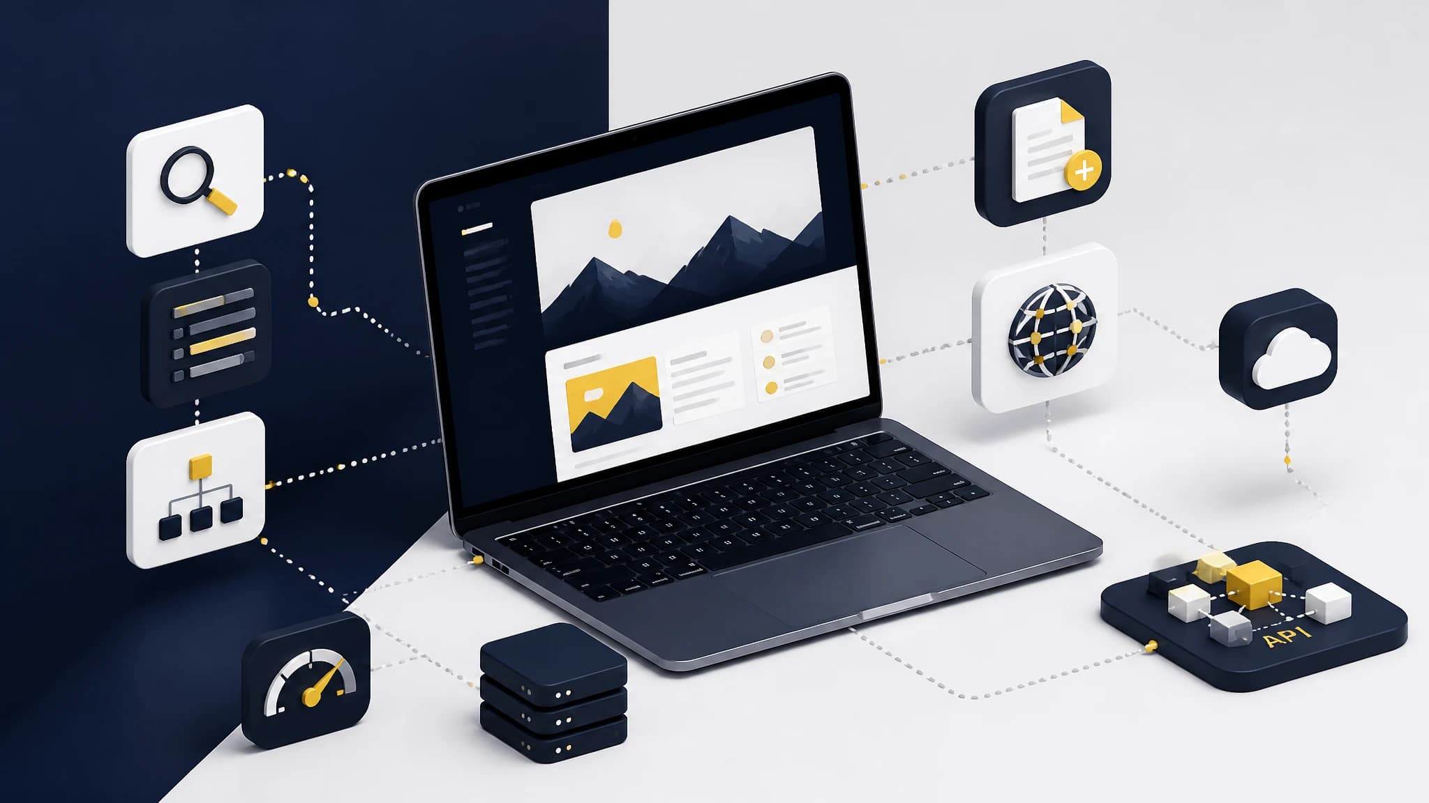 Editorial illustration of a Next.js blog connected to SEO and content publishing workflows