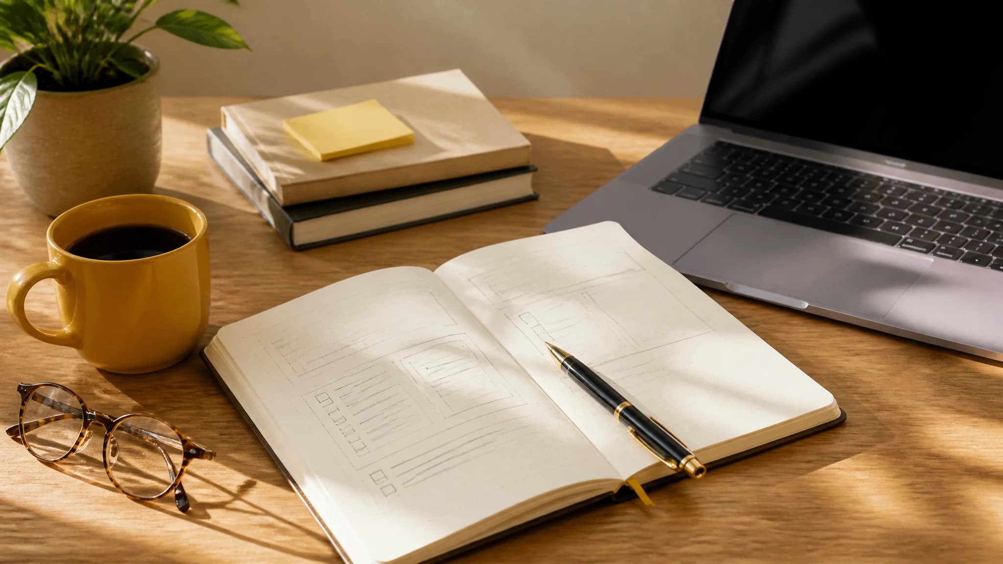 Notebook and laptop arranged for planning an SEO article brief
