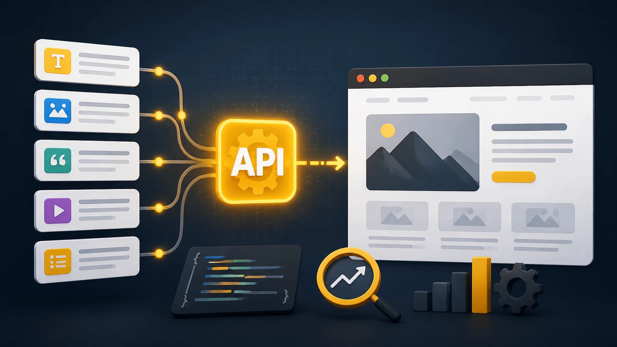Conceptual illustration of structured SEO content flowing through an API into a website
