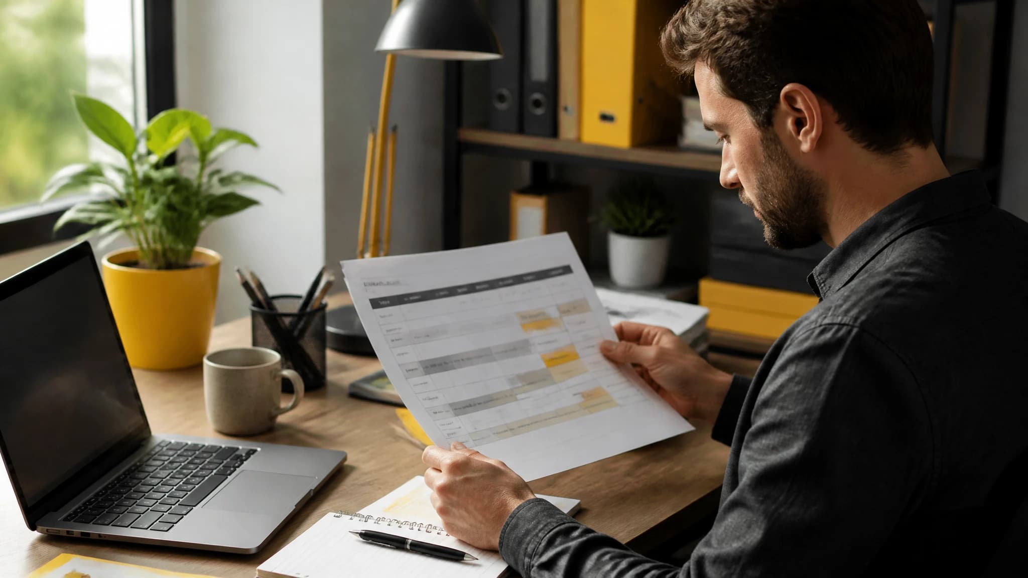 Founder reviewing an SEO publishing schedule at a desk