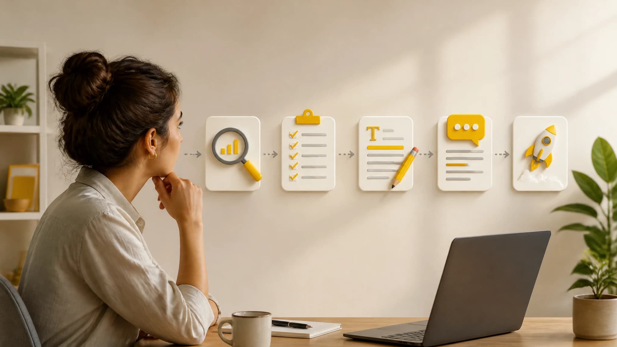 Editorial illustration of an SEO content workflow from research to publishing